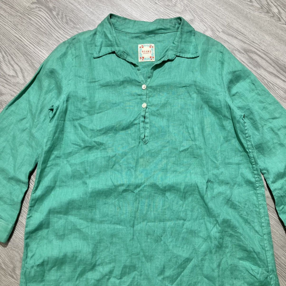 Japanese Brand 2000s Beams Heart Collar Overhead Linen Shirt Green Designer Size M / US 6-8 / IT 42-44 - 2 Thumbnail