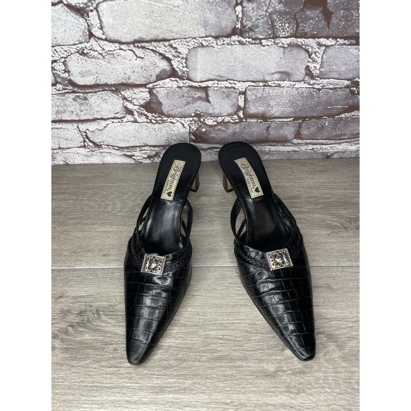 Brighton Brighton Black Leather Croc Embossed Mules Slides Sandals Wo Size US 9.5 / IT 39.5 - 5 Thumbnail