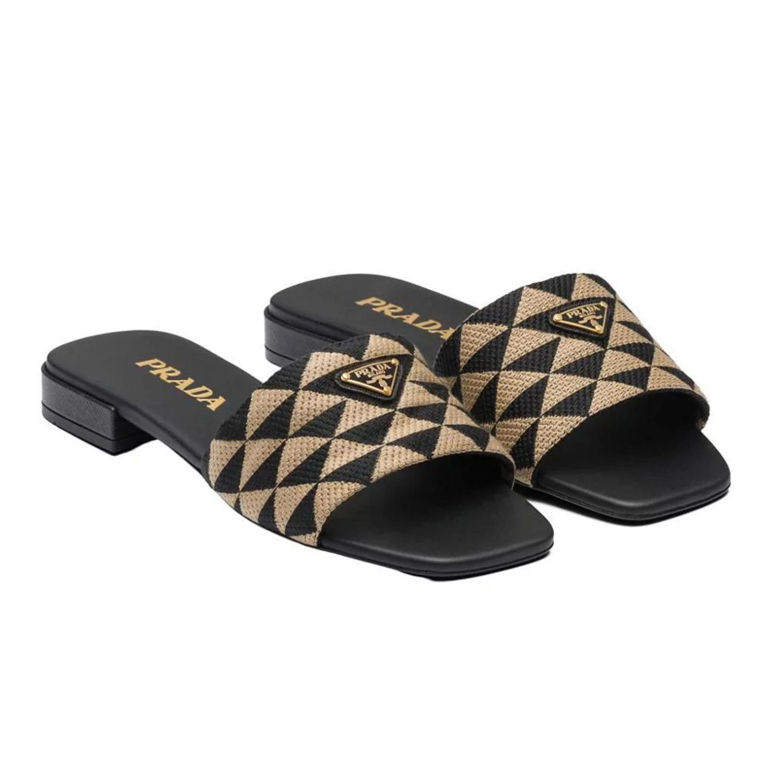 Prada Prada Jacquard Triangle Logo Black Beige Tan Leather Slide Size US 7.5 / IT 37.5 - 5 Thumbnail