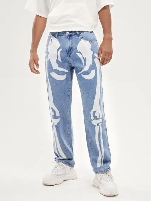 image of Retro Punk Pants Denim Vintage Skeleton Print, Men's (Size 32)