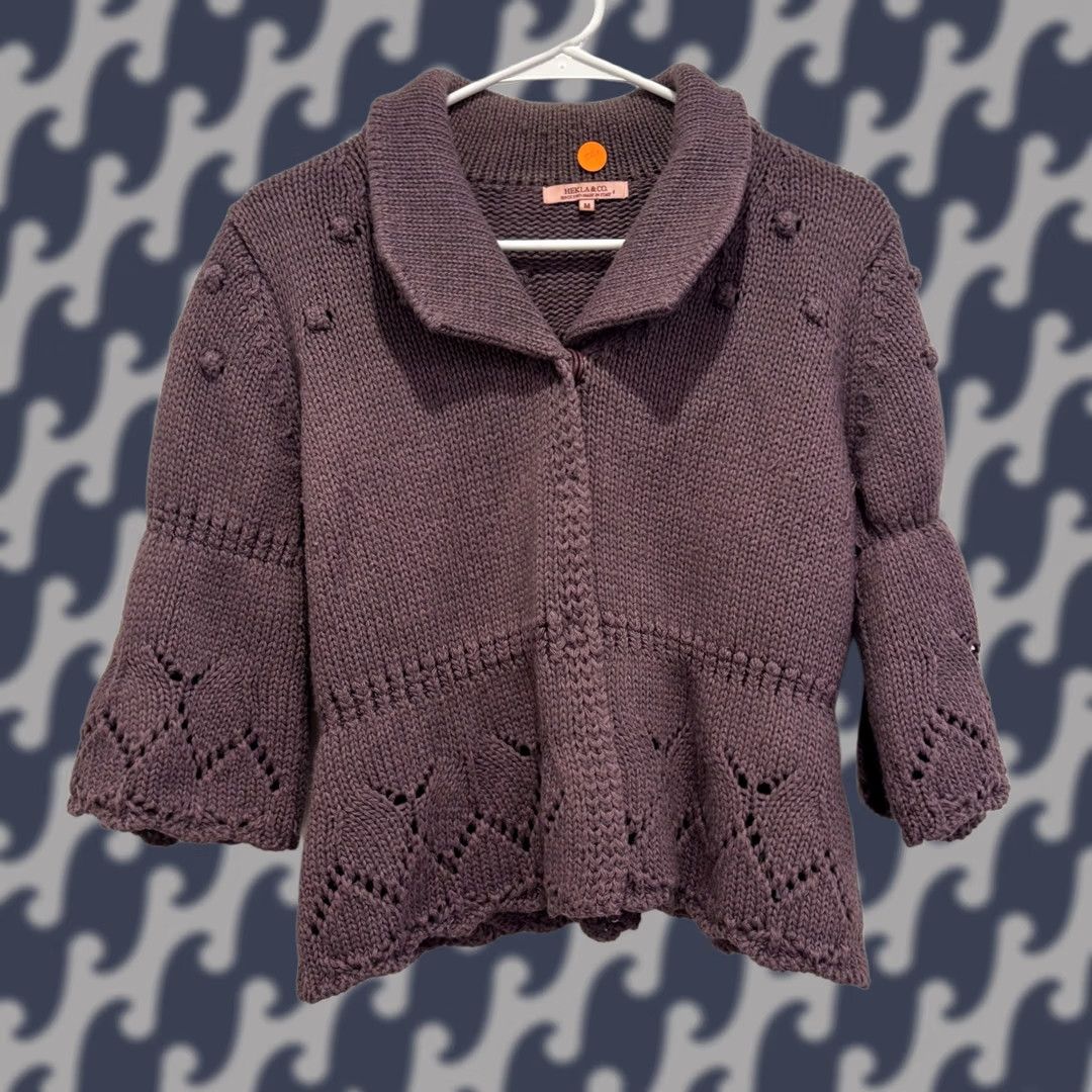 CO Hekla & Co. Italy Purple Wool Blend Bobble Pointelle Knit Cardigan Sweater Medium Size M / US 6-8 / IT 42-44 - 1 Thumbnail