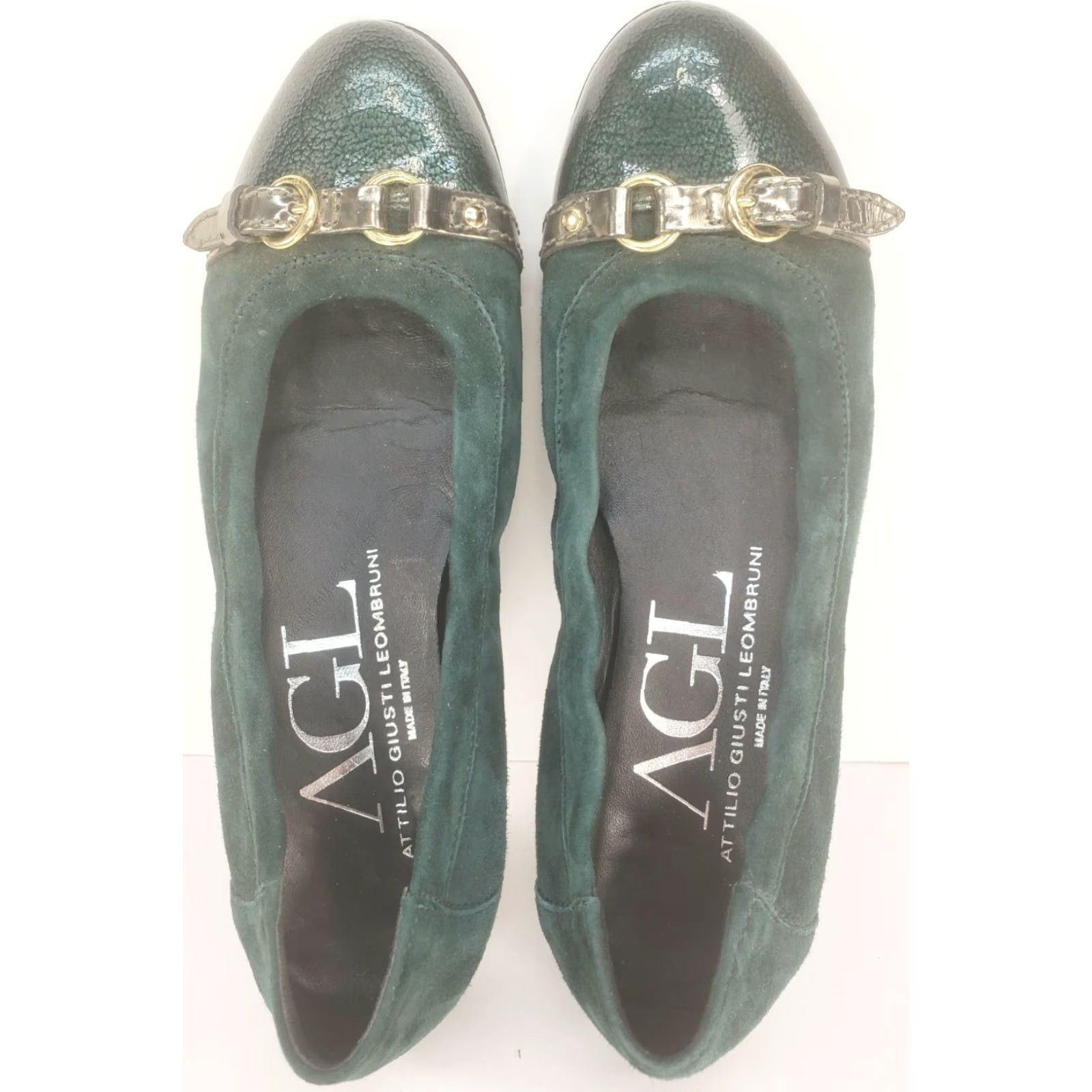 AGL AGL Green Suede Leather Cap Toe Flats Women's 6.5M 37.5EU Casual Formal Slip On Cap Toe Buckle Leather Lining Size ONE SIZE - 6 Thumbnail