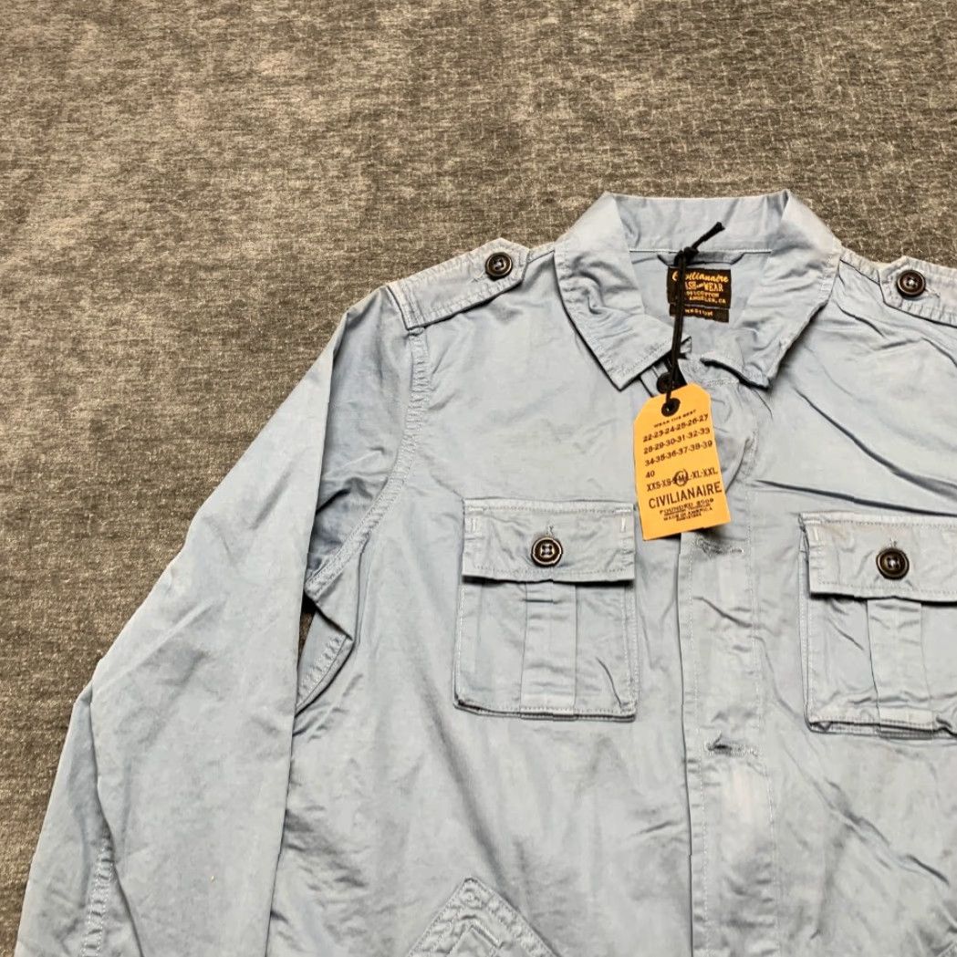 Vintage Civilianaire Wash and Wear Herringbone Peace Jacket Men Medium Blue Button Front Jacket Size US M / EU 48-50 / 2 - 4 Thumbnail