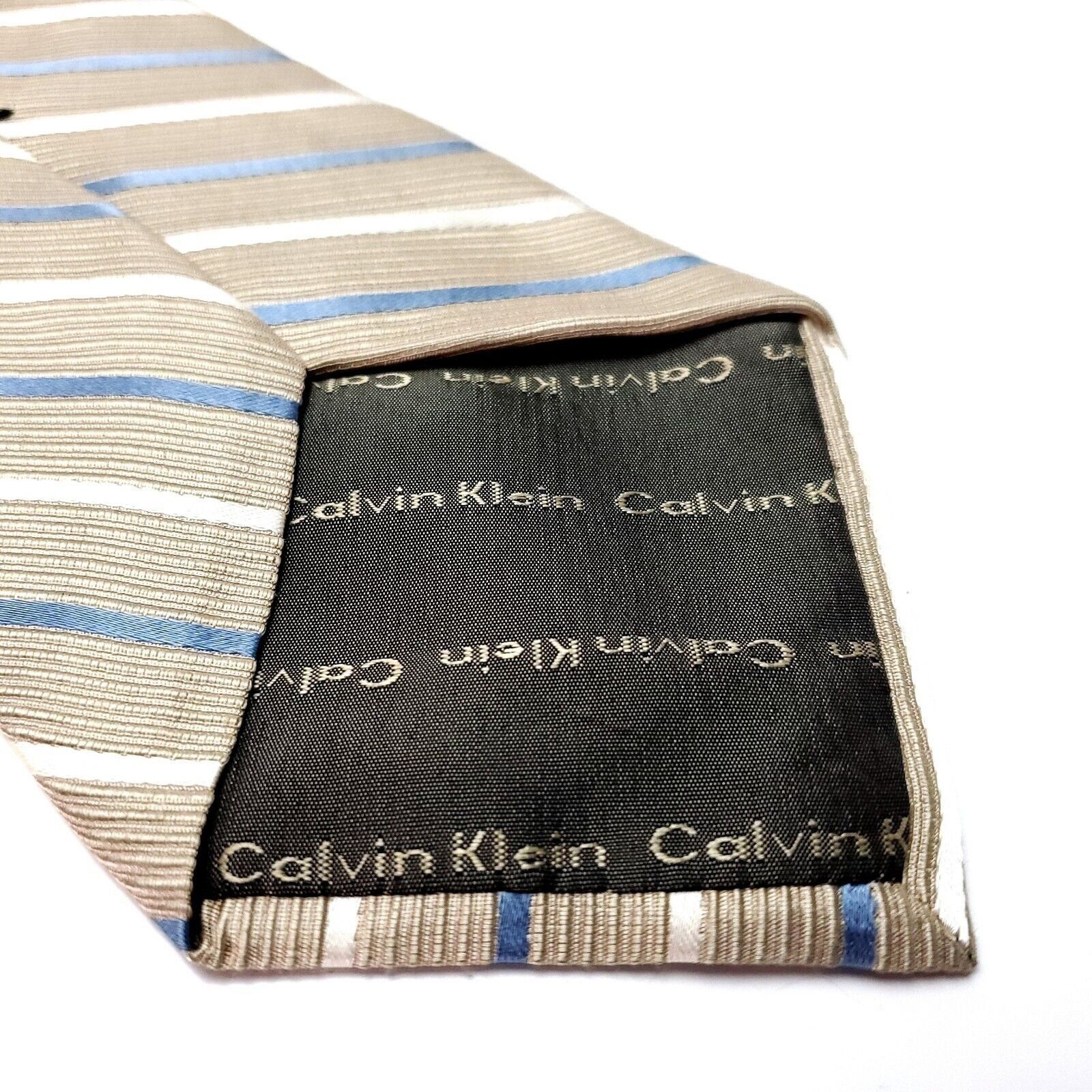 Calvin Klein Calvin Klein Silk Tie Woven Tan Striped Blue Size ONE SIZE - 4 Thumbnail
