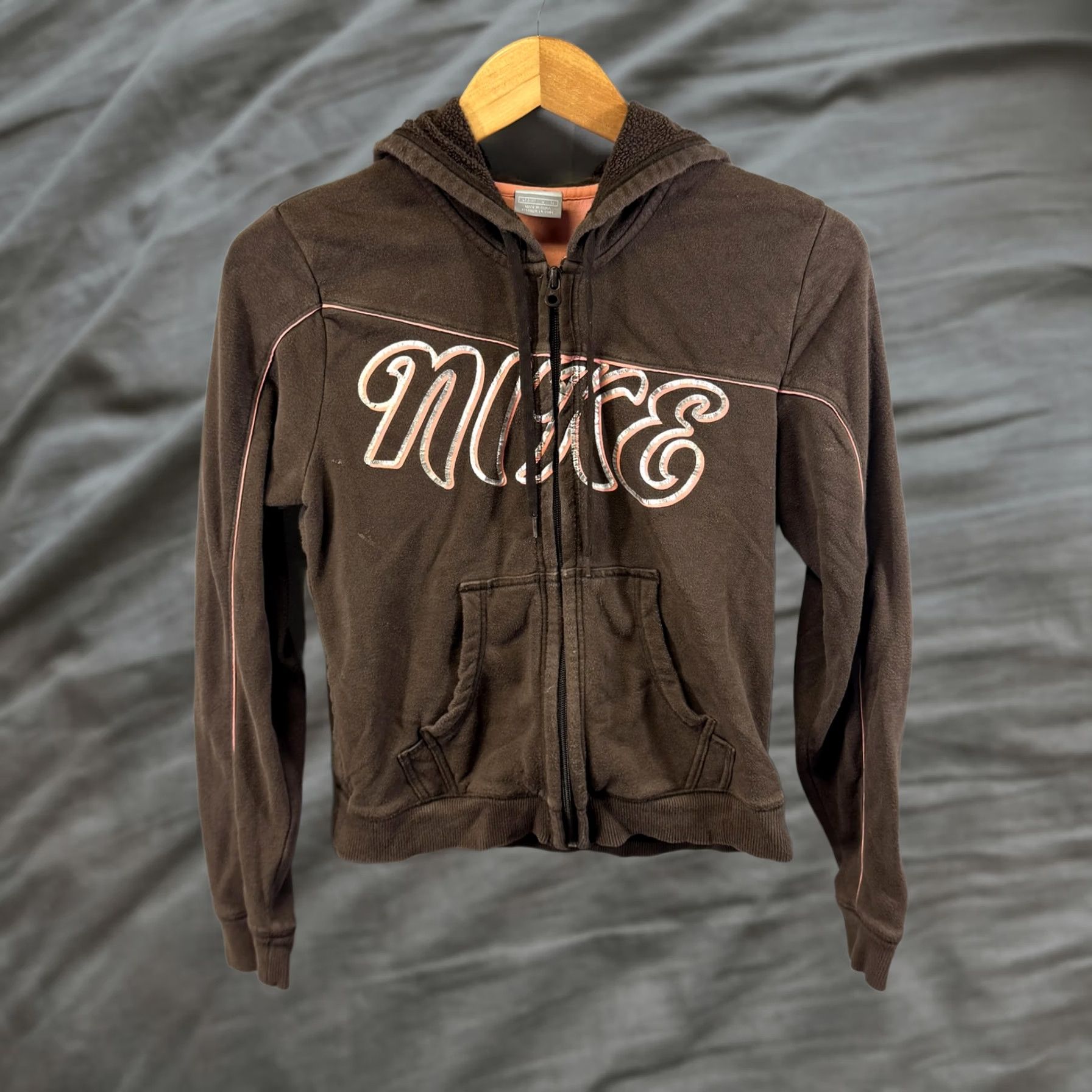 Nike Nike Hoodie Womens Small Brown Full Zip Fleece Pink Piping Spell Out Logo Size S / US 4 / IT 40 - 1 Thumbnail