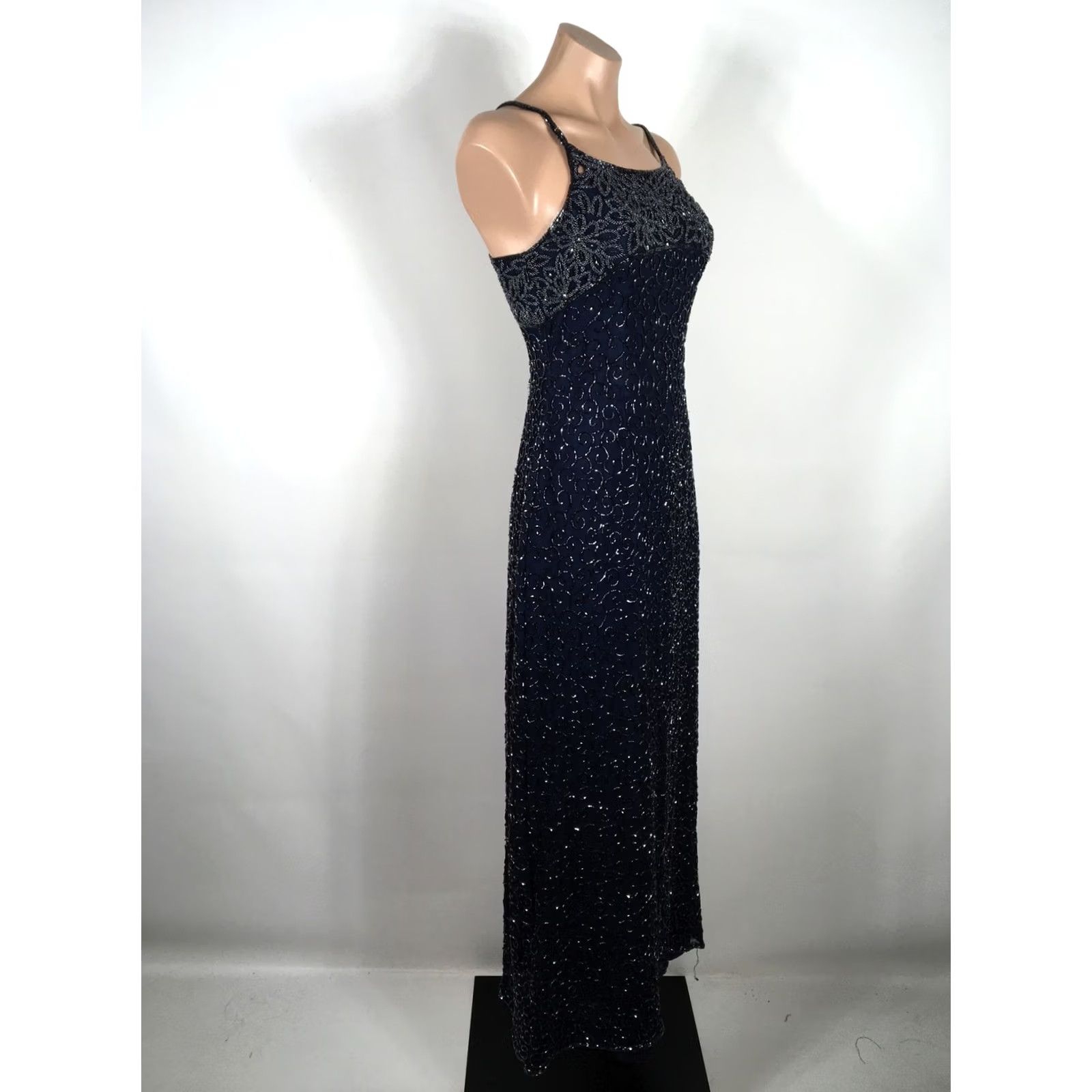 Vintage VINTAGE Scala Long Silk Beaded Open Sequin Square Neck Blue Gown M Dress, Ball Gown, A-Line, Formal, Women's Velvet Blue Silk, Vintage Scala Size M / US 6-8 / IT 42-44 - 4 Thumbnail