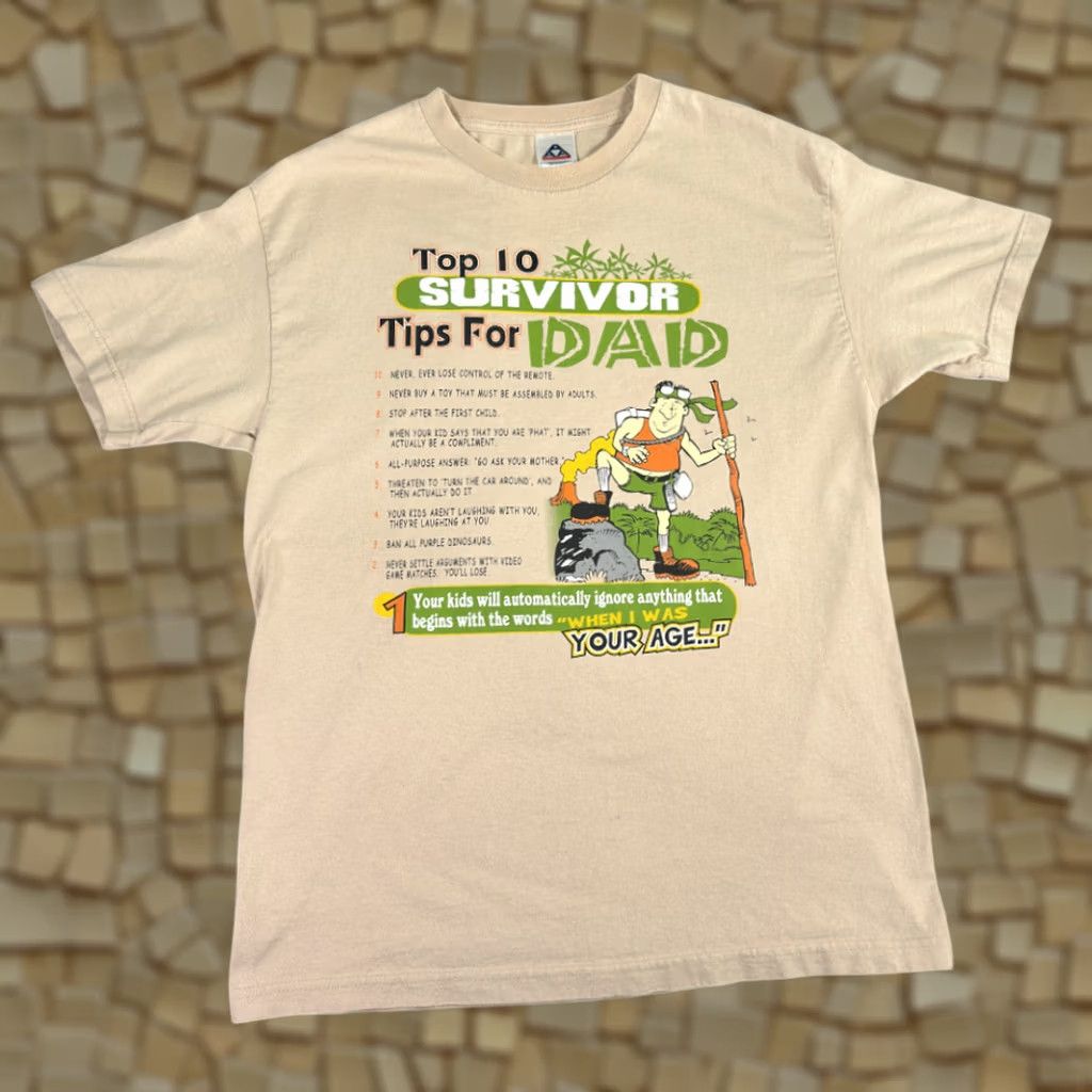 AAA VINTAGE Survivor Dad Shirt Adult LARGE Brown Top Ten Tips TV Show Parody 90s Shirt Mens Regular Brown 21x28 Cotton Short Sleeve Crew Neck AAA Size US L / EU 52-54 / 3 - 1 Thumbnail