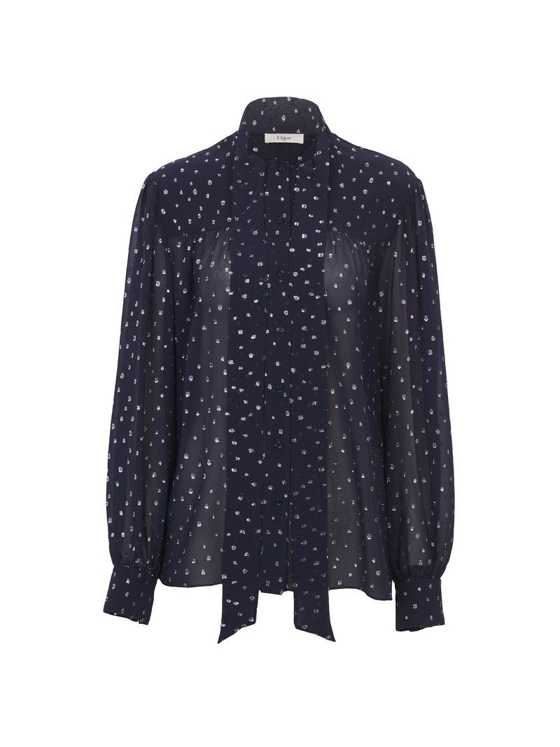 Chloe o1loc1c11125 Silk Lurex Dots Lavalliere Blouse in Navy Size M / US 6-8 / IT 42-44 - 1 Thumbnail