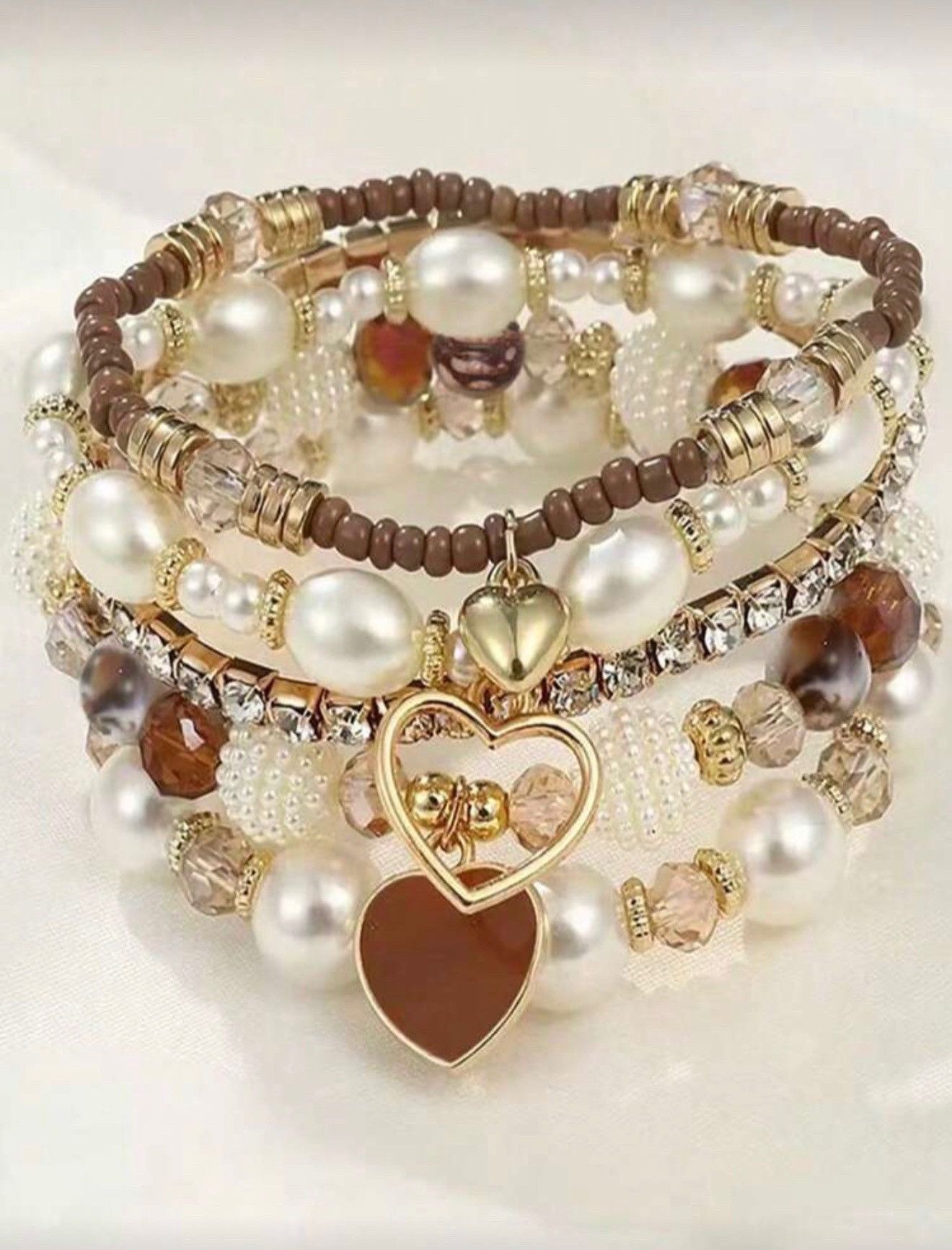 Other Boho Pearl & Crystal Heart Charm Bracelet Stack (5 Pieces) Size ONE SIZE - 2 Thumbnail