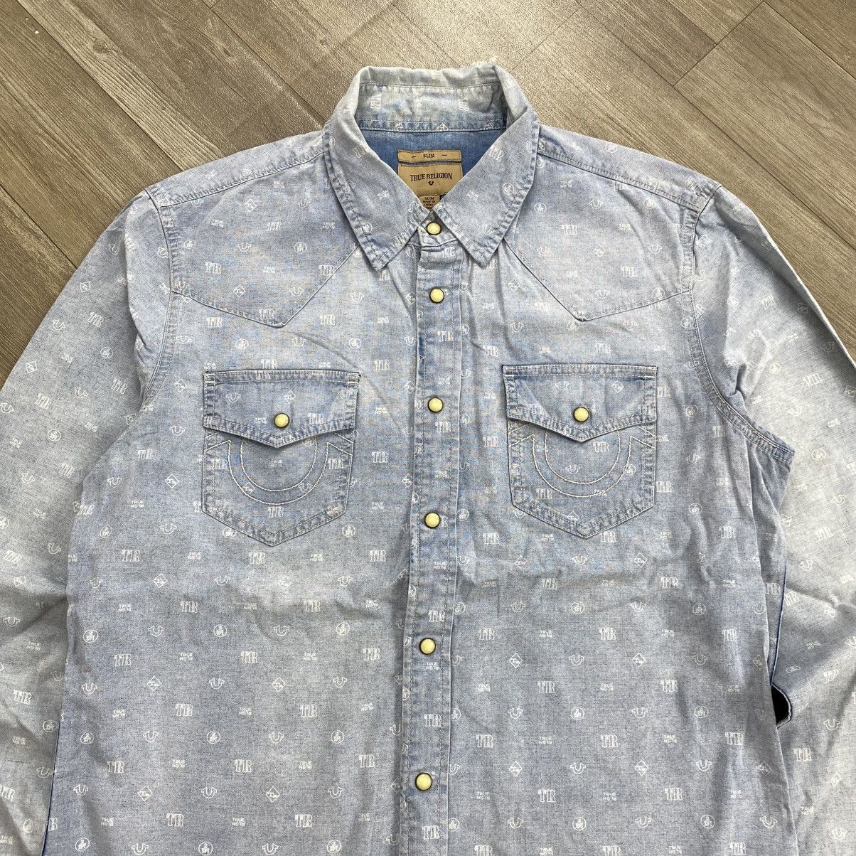 Japanese Brand Vintage True Religion Monogram Print Logo Faded Denim Shirt Size US M / EU 48-50 / 2 - 2 Thumbnail