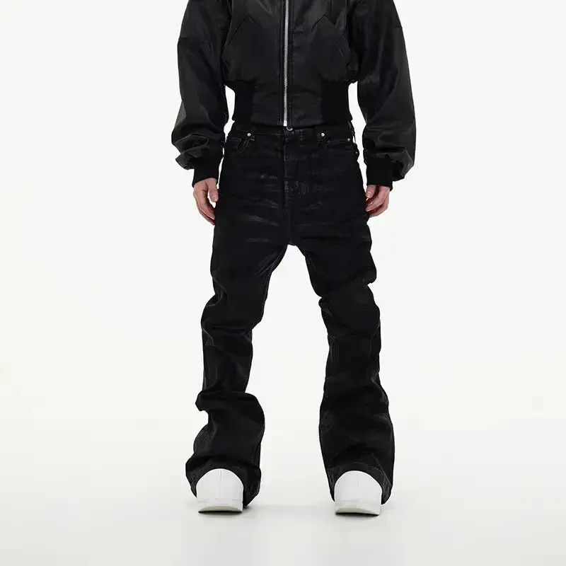 Japanese Brand Coated Brushed Waxed Y2K Micro Flare Jeans Black Size US 30 / EU 46 - 2 Thumbnail
