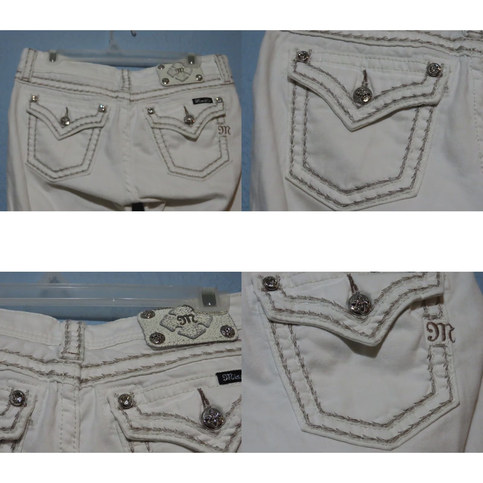 Miss Me Miss Me Signature Skinny Jeans 29 White Embroidered Rhinestone Denim Zip Low Rise Slim Rock Womens Jeans Size 29" - 9 Thumbnail