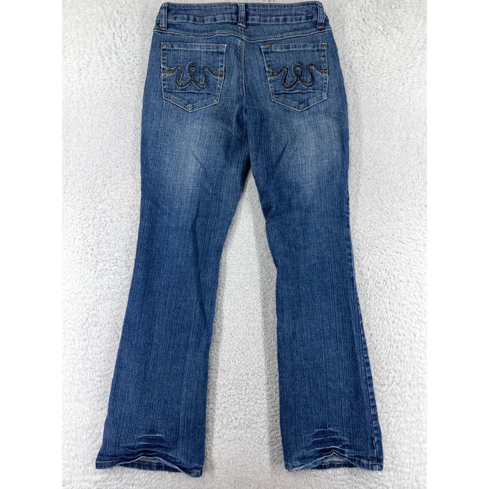 Vintage Cato Jeans Womens 12 Blue Denim Cotton Mid Rise Flared Embroidered 5-Pocket Distressed Stretch Low Rise Size 34" / US 12 / IT 48 - 2 Thumbnail