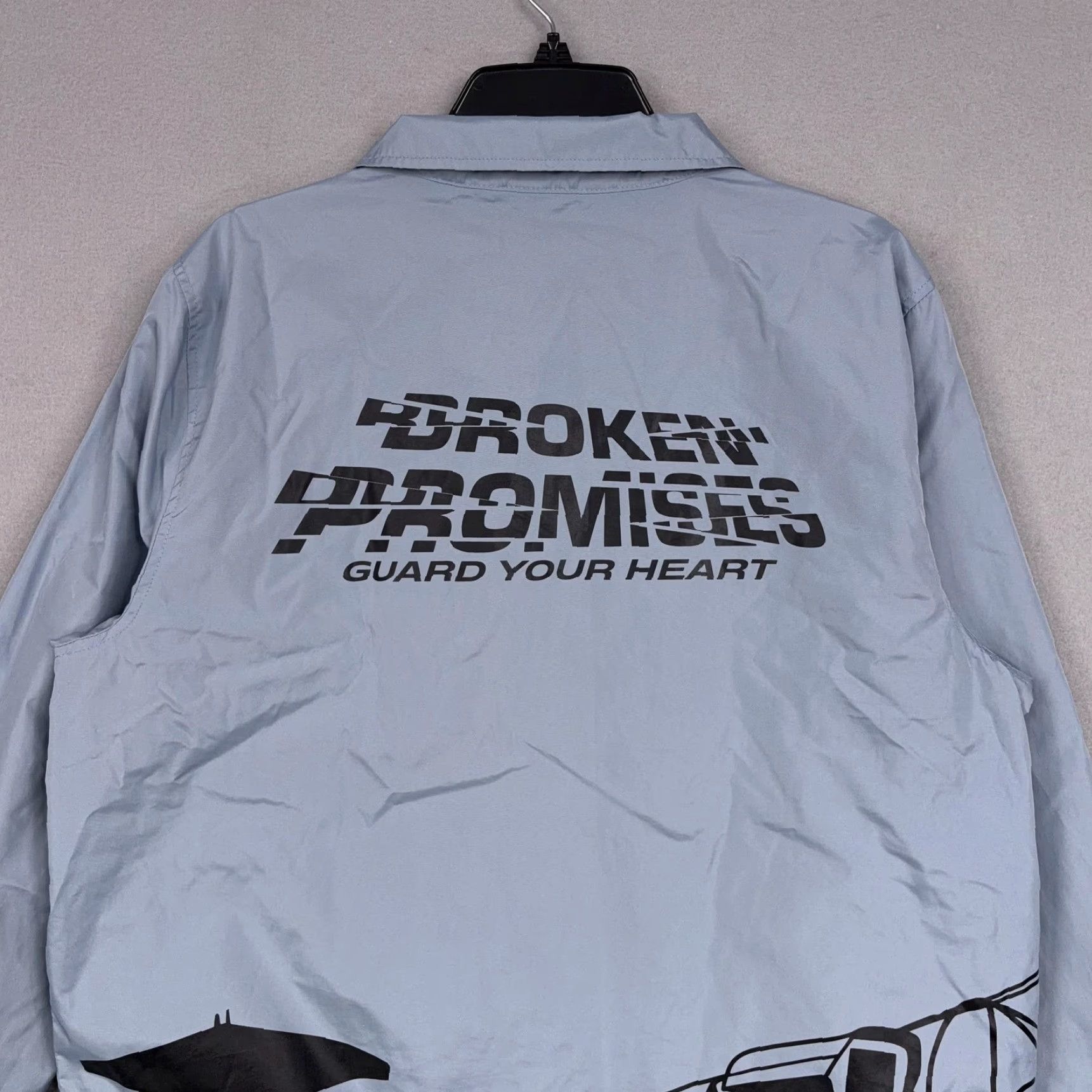 Broken Promises Co. VINTAGE Broken Promises Coach Jacket Mens M Gray Guard Your Heart Scorpion Graphic Windbreaker Snap Front Size US M / EU 48-50 / 2 - 7 Thumbnail