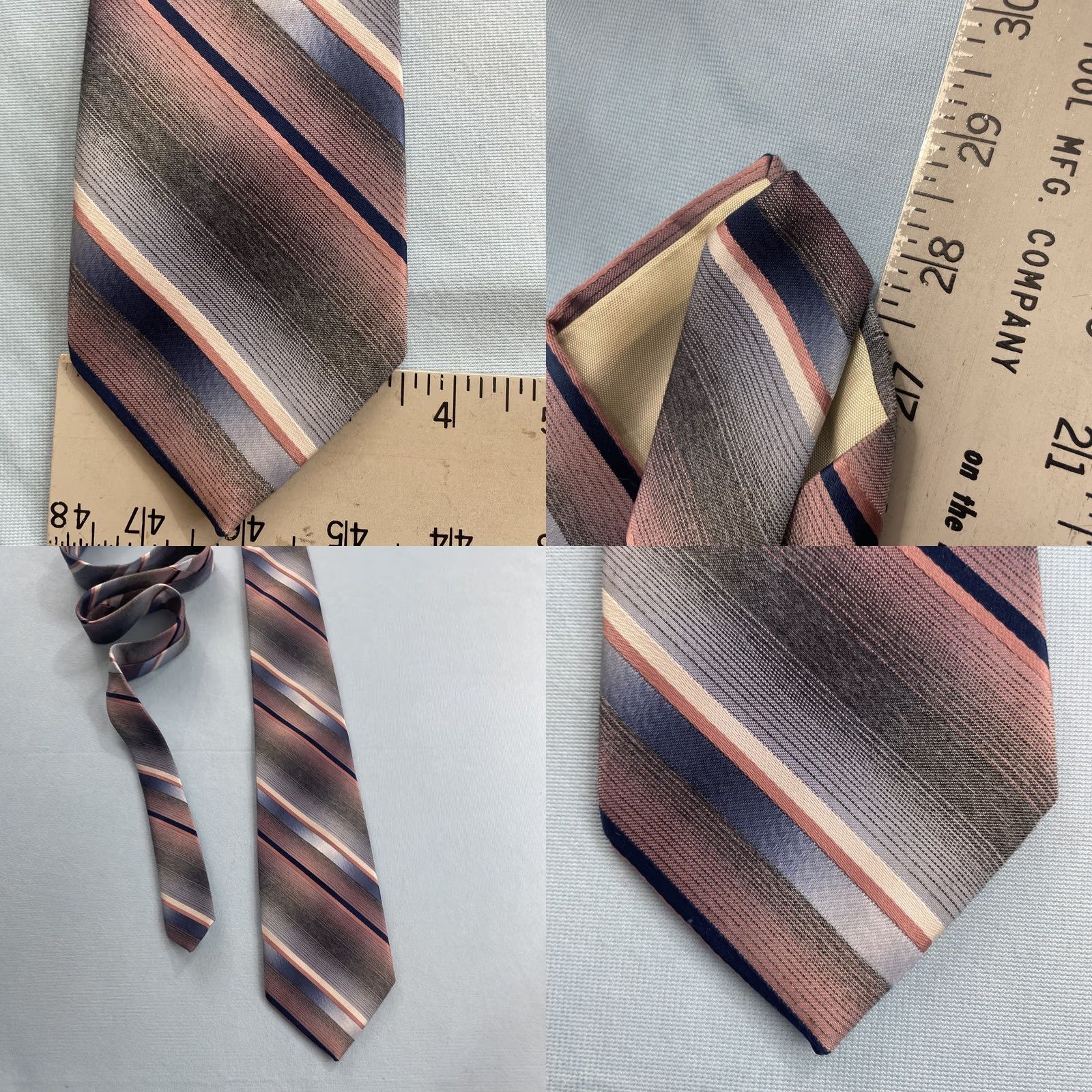 Pinko Towncraft Est 1927 Tie Polysilk Woven Striped Pink Salmon Blue Vtg 60s 3.5x58 Neckwear Tie Vintage Mens Size ONE SIZE - 8 Thumbnail