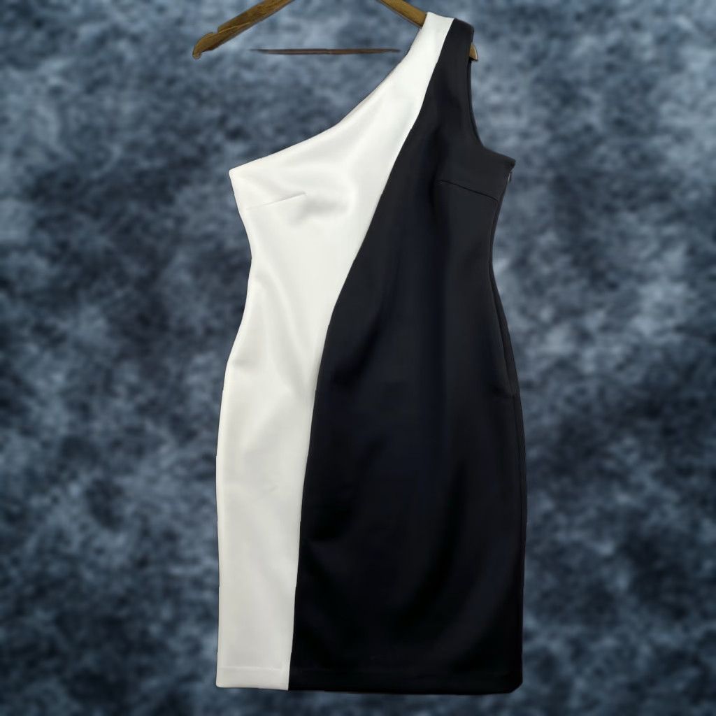 VINTAGE Calvin Klein Dress 12 Black White Scuba Neoprene One Shoulder Sheath Sexy