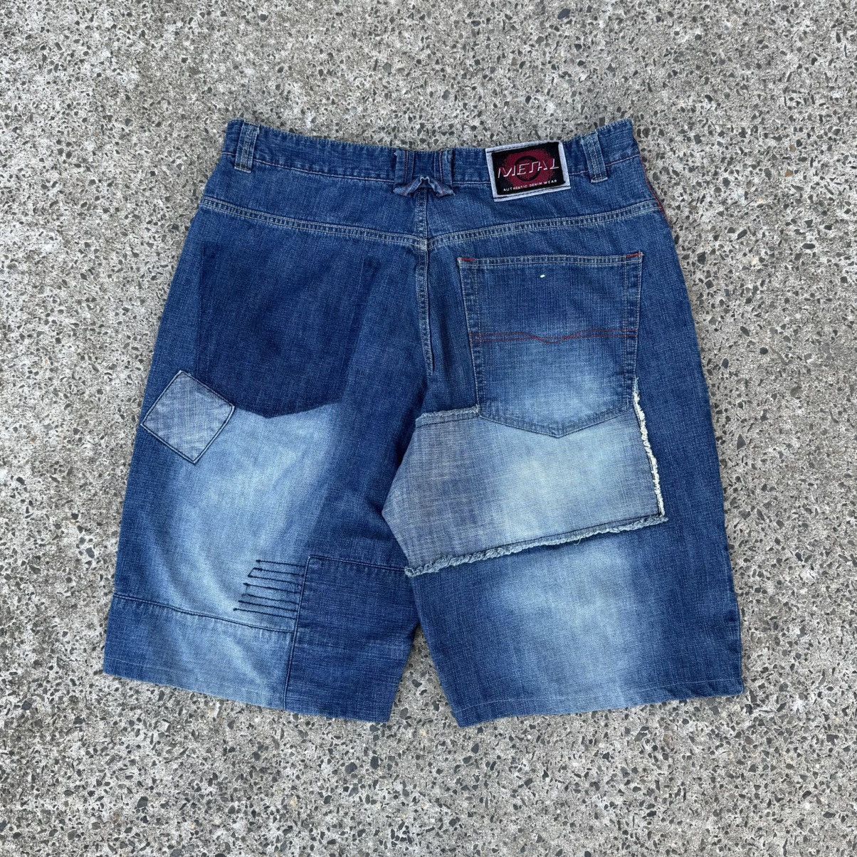 JNCO × Sean John × Vintage METAL Patchwork Denim Shorts W40 L33 Blue Distressed Baggy Size US 40 / EU 56 - 2 Thumbnail