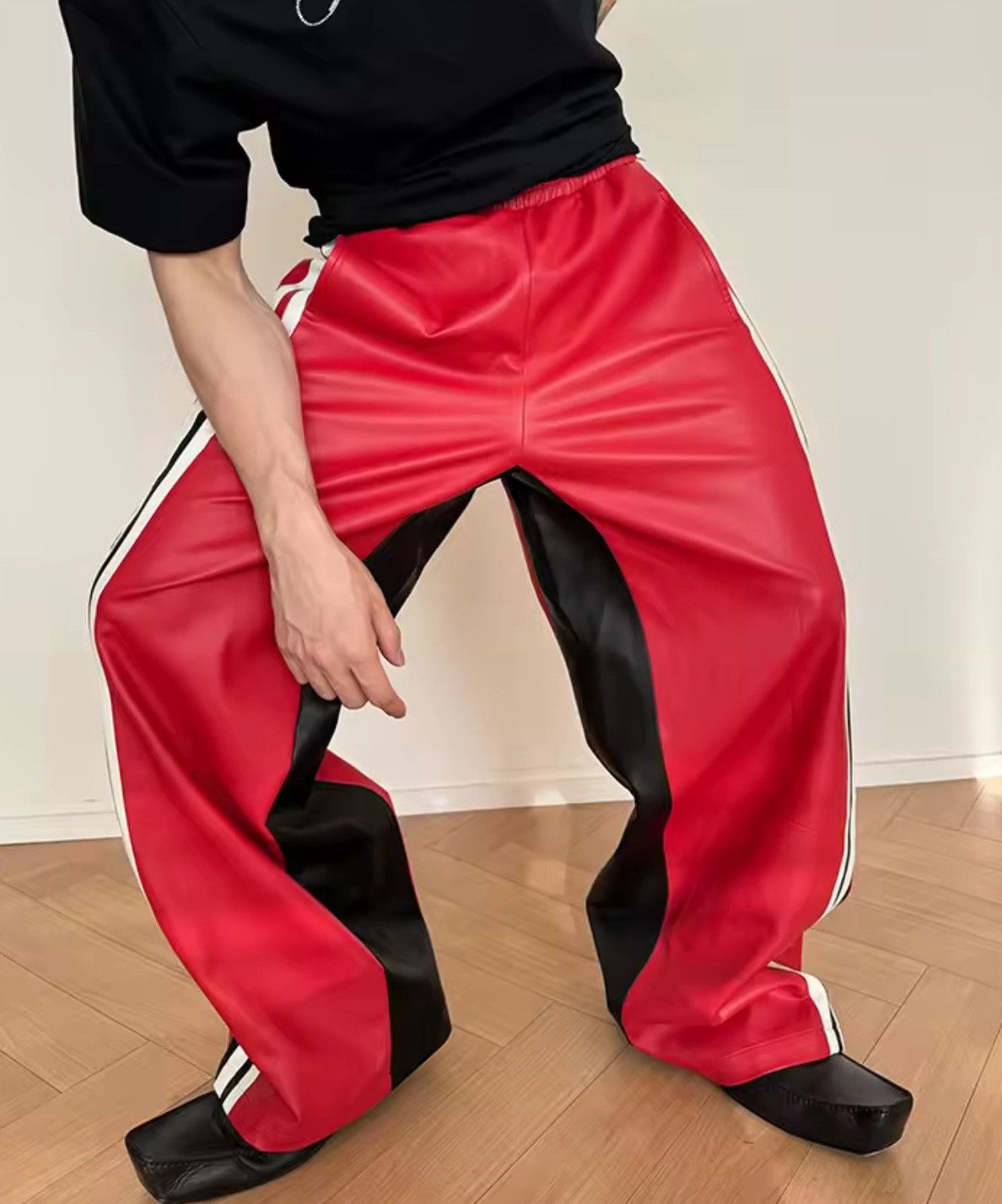 Japanese Brand Red PU Leather Wide-Leg Pants with Stripes Size US 33 - 2 Thumbnail