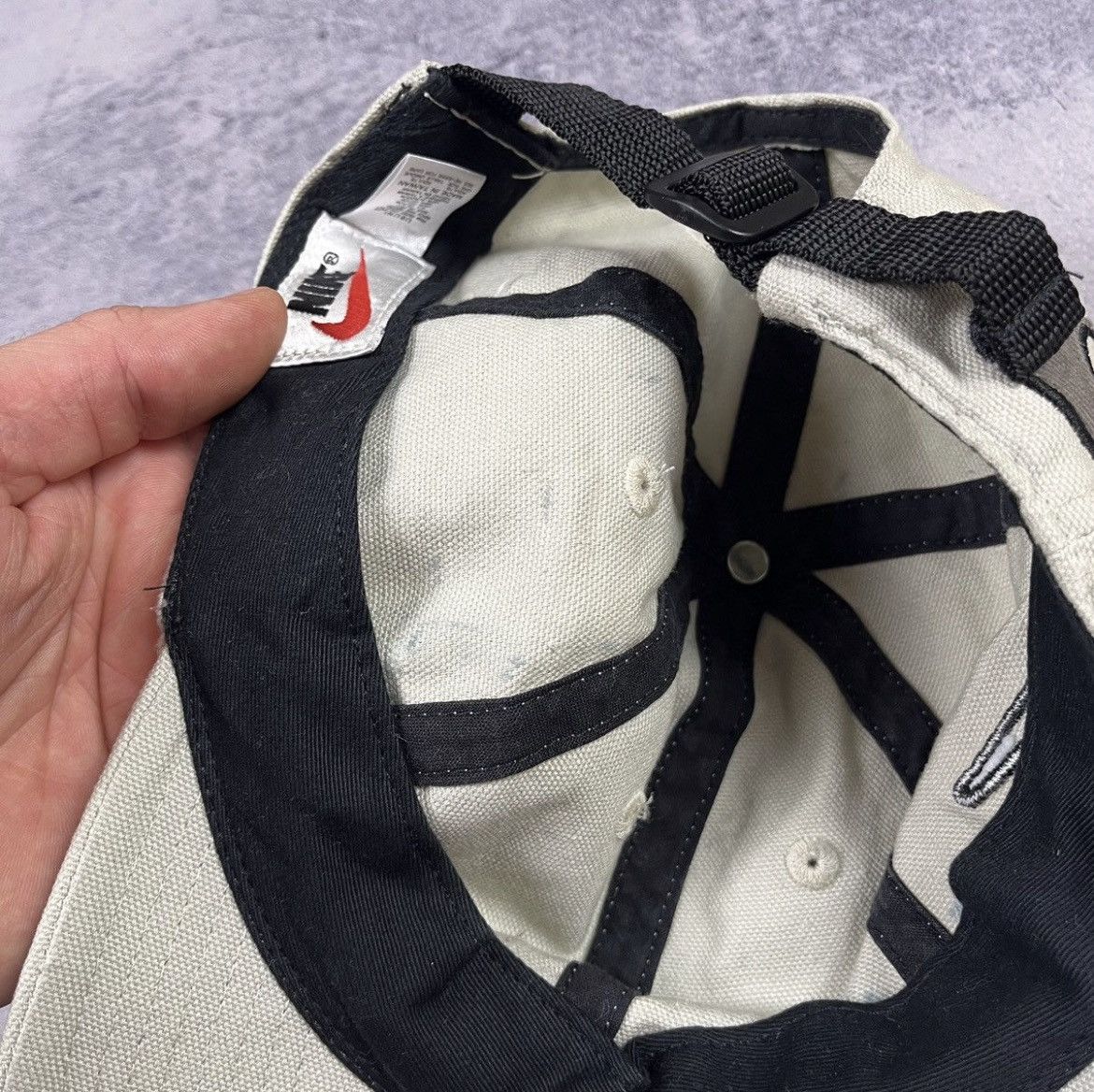 Nike × Vintage Vintage Nike rare big swoosh y2k beige cream cap 90’s Size ONE SIZE - 15 Thumbnail