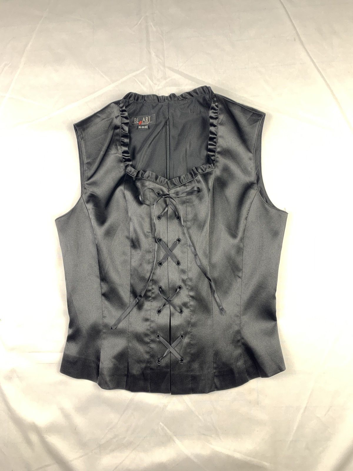 Japanese Brand 2000s Be Art Korea Shiny Black Fitted Lace up Blouse Top Size S / US 4 / IT 40 - 1 Thumbnail