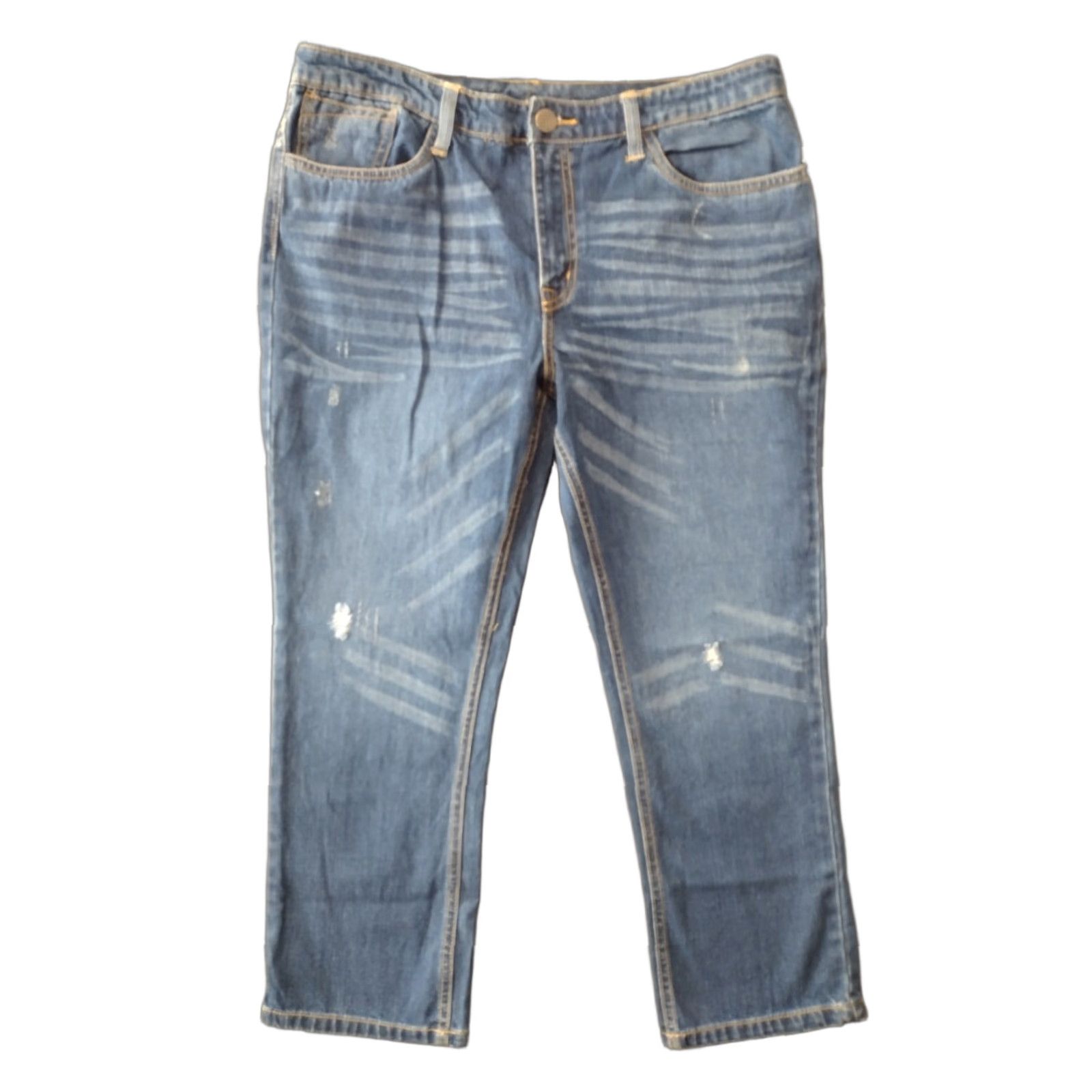 Denime Unbranded Women's Jeans 100% Cotton Denim Size 14 Blue Dark Wash 34W 24Inseam 90s Distressed Relaxed Straight Button Closure Size 36" / US 14 / IT 50 - 1 Thumbnail