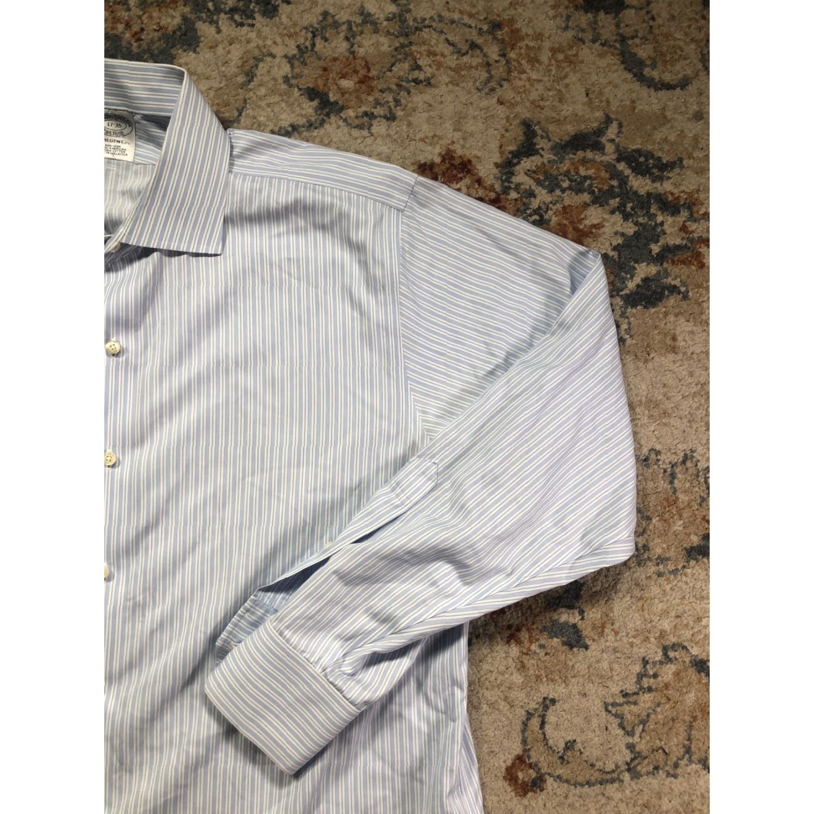 Brooks Brothers Brooks Brothers Dress Shirt Mens 17 34/35 Blue Stripe Non-Iron Supima Regent Shirt Slim Striped Pattern Size 46R - 4 Thumbnail