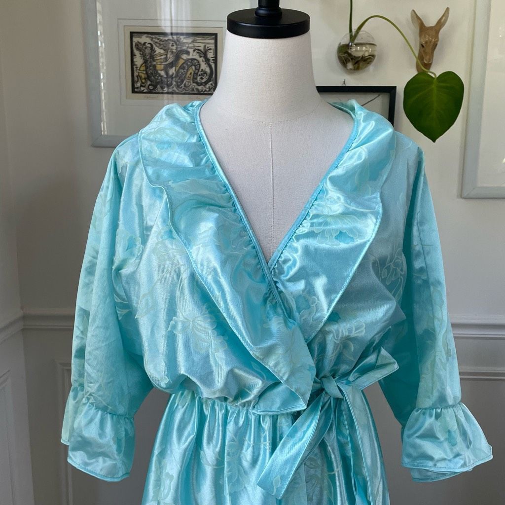 Vintage Vintage 80s Preview USA Aqua Satin Ruffle Robe M L Size ONE SIZE - 2 Thumbnail