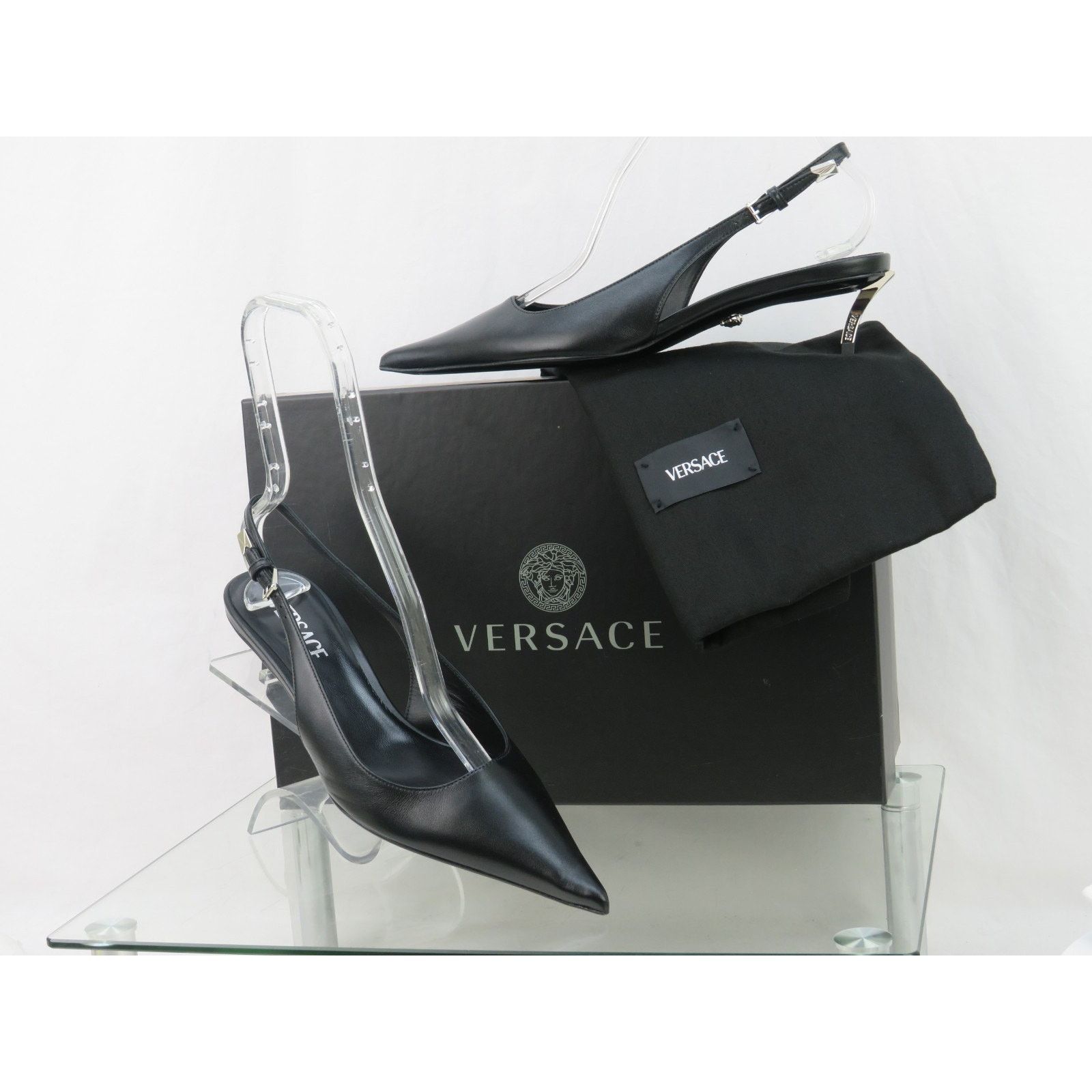 Versace VERSACE BLACK LEATHER SILVER MEDUSA SANDALS KITTEN PUMPS 41 Size US 11 / IT 41 - 3 Thumbnail