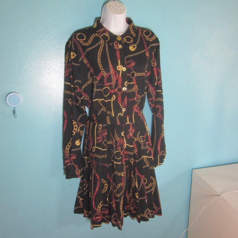 Alexis Mabille Alexia Admor Black Chain Belt Dress with Pleated Skirt Women Size L / US 10 / IT 46 - 8 Thumbnail