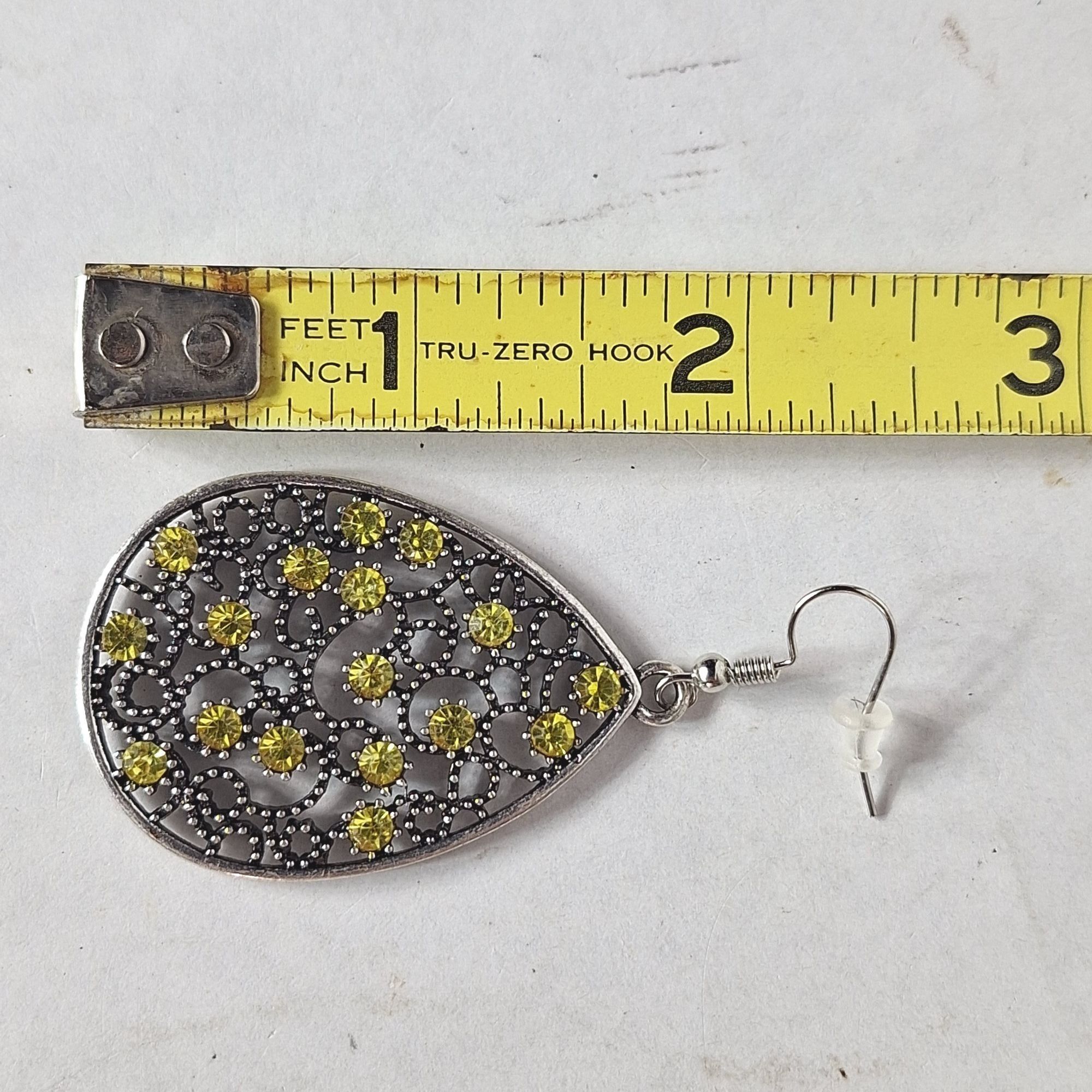 Other Bohemian Silver Openwork Teardrop Earrings Yellow Rhinestone Size ONE SIZE - 3 Thumbnail
