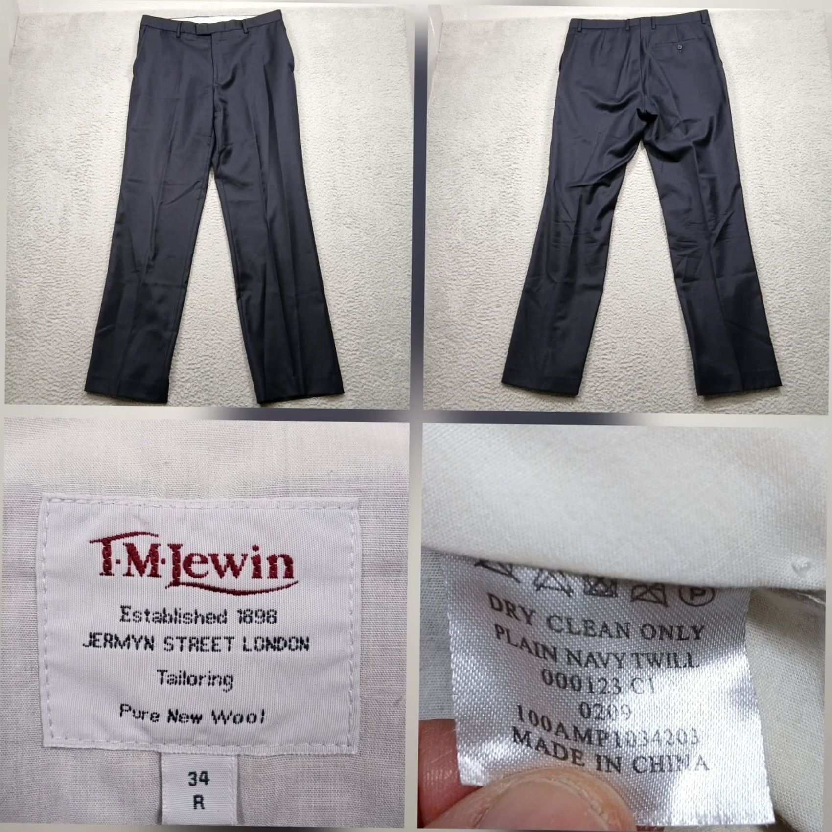 Vintage T.M.Lewin Dress Pants 34R Navy Pure New Wool Tailored Fit London Size US 34 / EU 50 - 2 Thumbnail