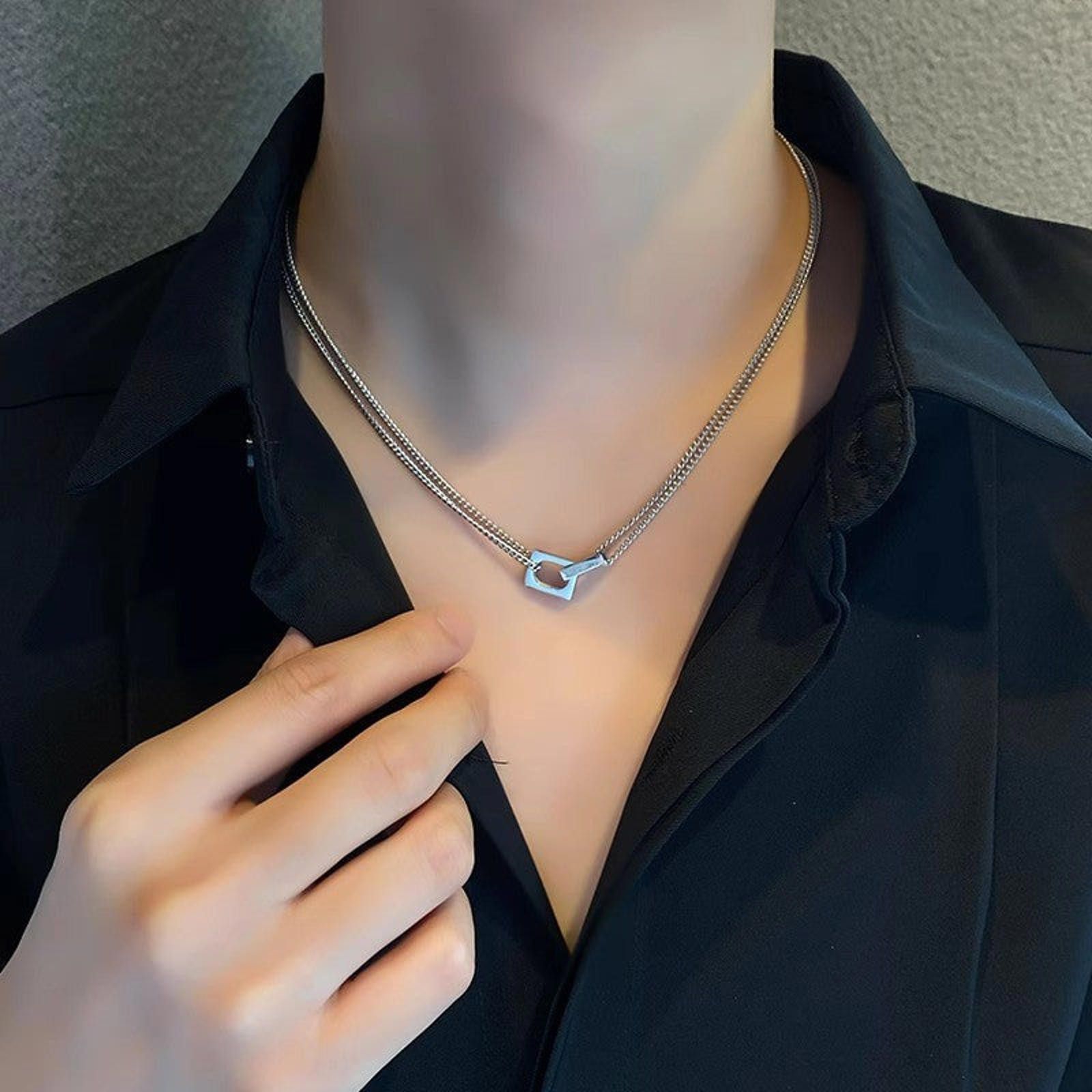 Jewelry Stylish Double Chain Silver Necklace Size ONE SIZE - 3 Thumbnail