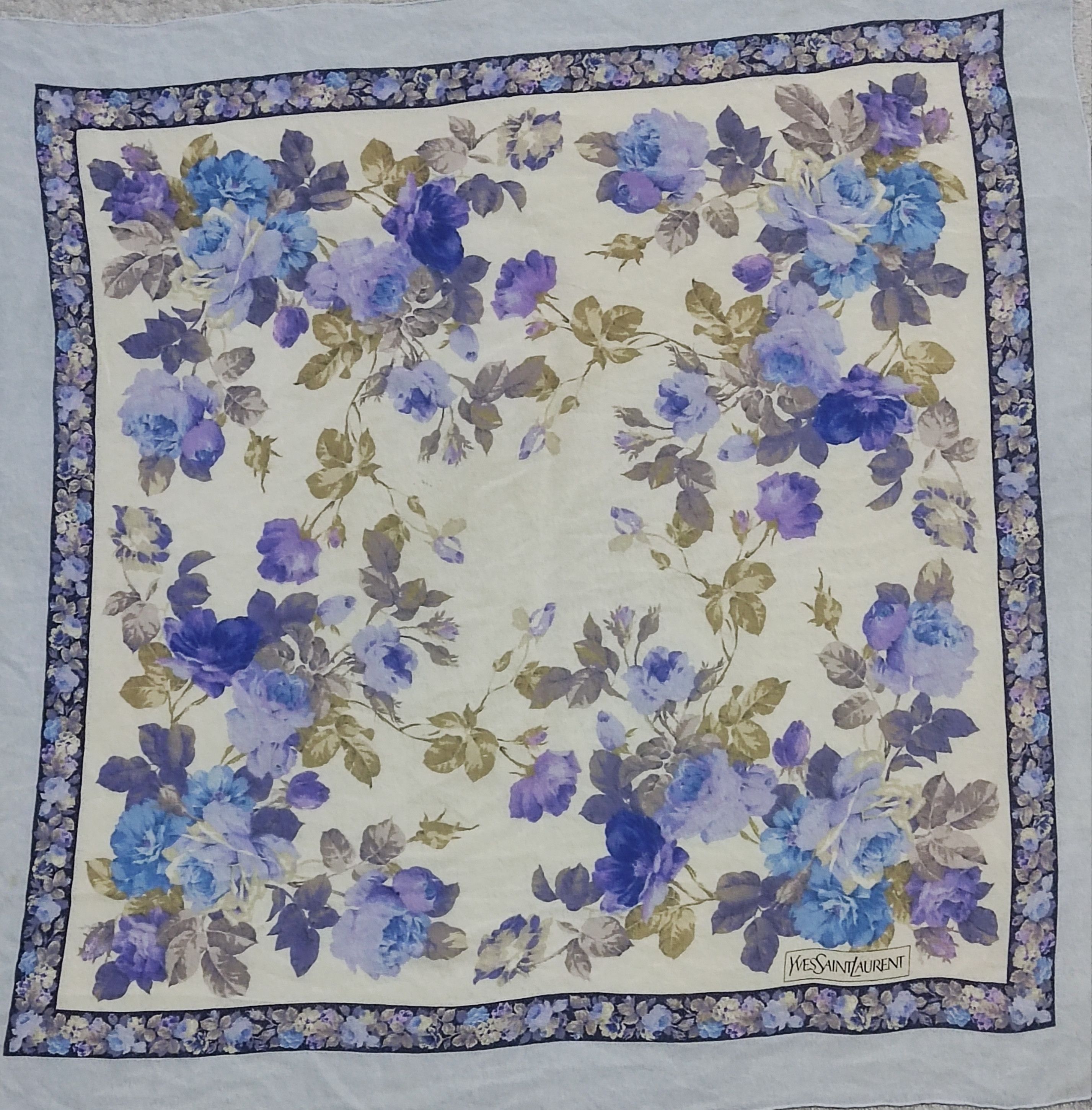 Yves Saint Laurent Yves Saint Laurent Silk Floral Scarf Blue/Purple Roses Size ONE SIZE - 2 Thumbnail