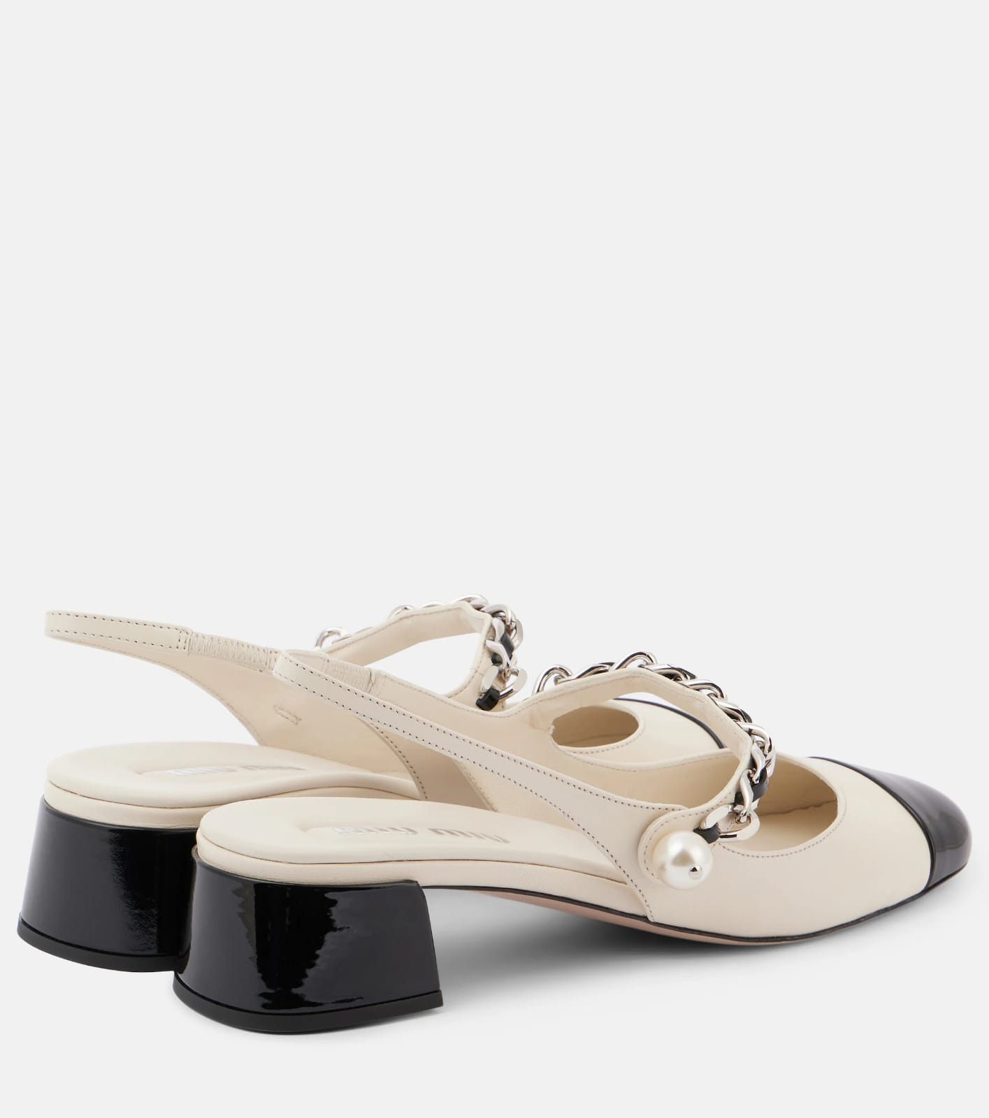 Miu Miu o1B3y1r0526 Embellished Leather Slingback Pumps Ivory/Black Size US 8 / IT 38 - 3 Thumbnail