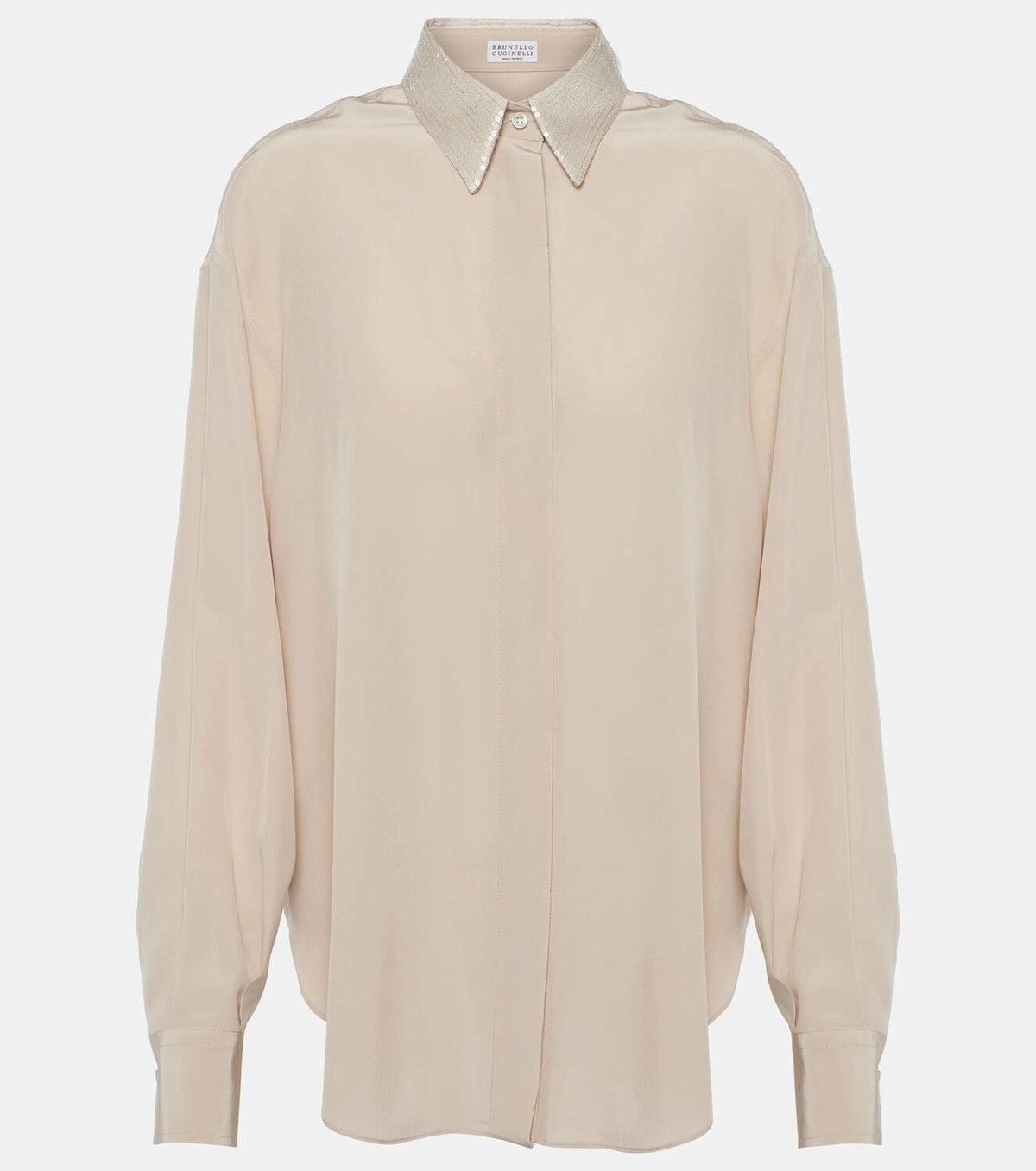 Brunello Cucinelli o1y0725 Silk Shirt in Beige Size M / US 6-8 / IT 42-44 - 1 Thumbnail