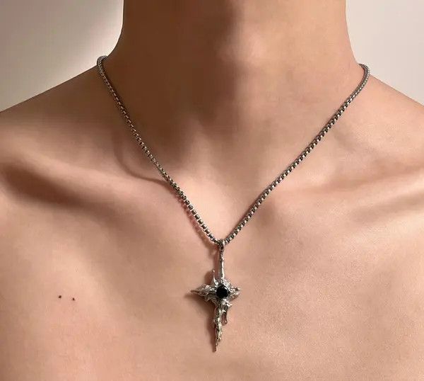 Jewelry Silver Gothic Cross Pendant Necklace with Black Stone Size ONE SIZE - 3 Thumbnail