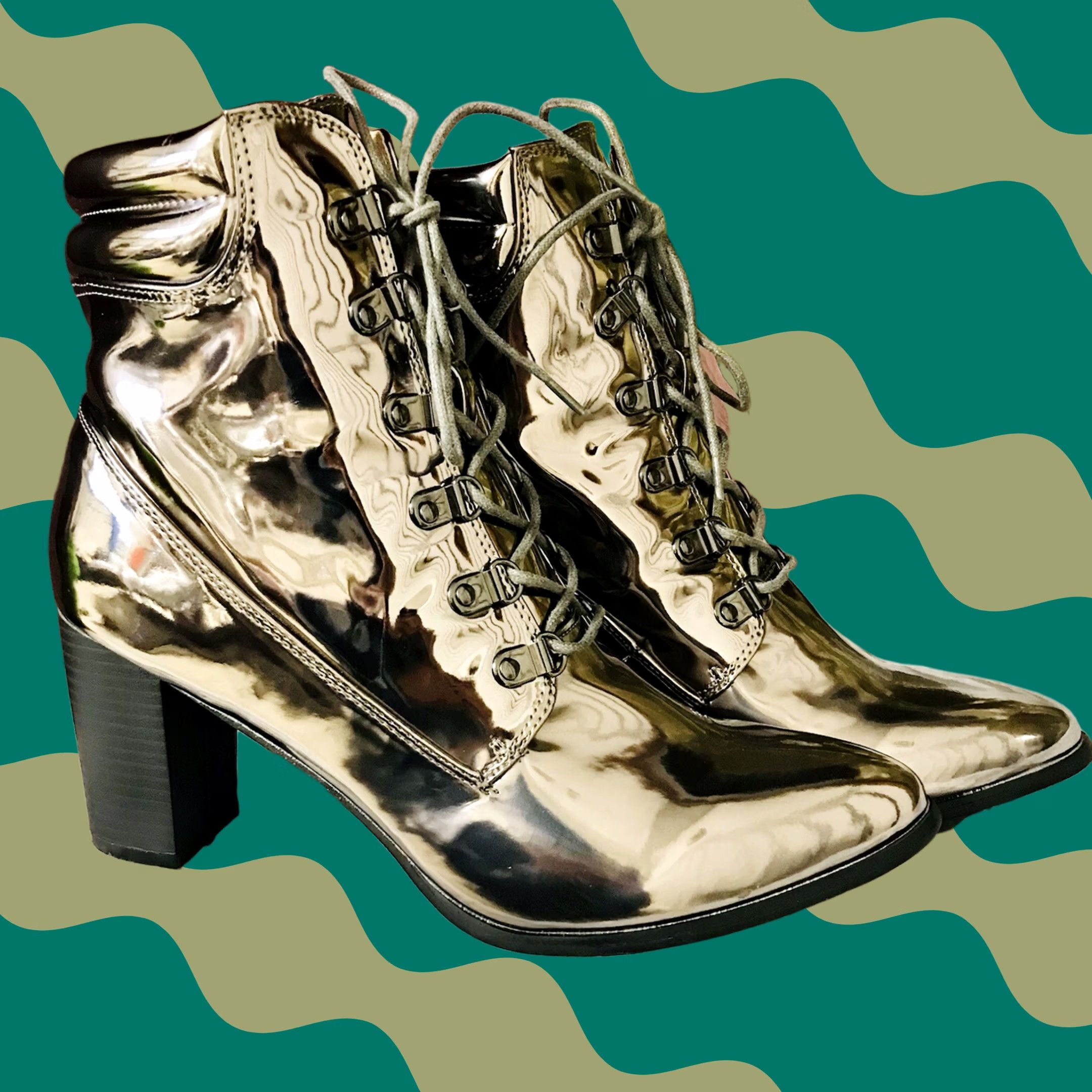 Vintage Chase + Chloe Women Metalic Chrome Silver Lace Up Block Heel Ankle Boots 10 (US) Silver Boots Women Shoes Party/Cocktail 80s Disco Space Clubwear Mens Size US 10 / IT 40 - 1 Thumbnail
