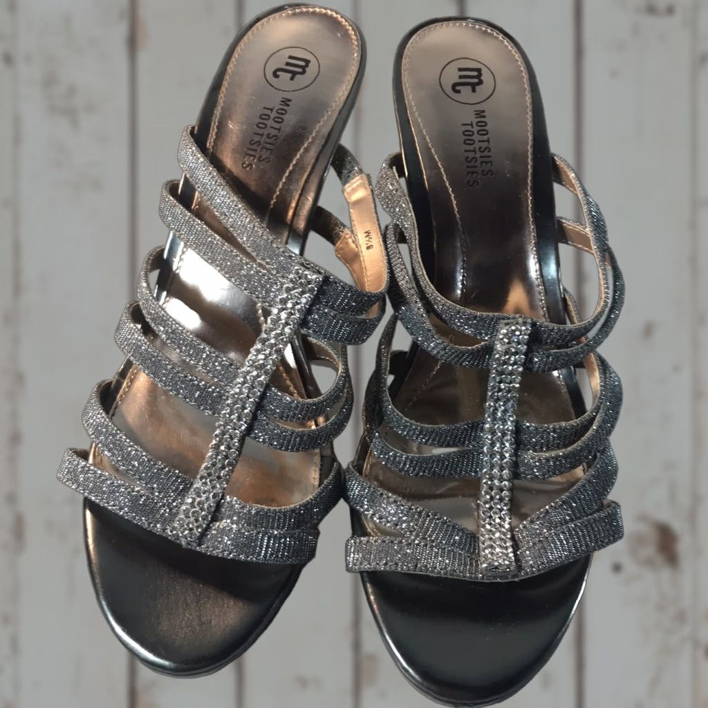 Vintage Mootsies Tootsies Silver Strappy High Heels Womens Size 8.5M Open Toe Glitter Rhinestone Cocktail Formal Size US 8.5 / IT 38.5 - 1 Thumbnail