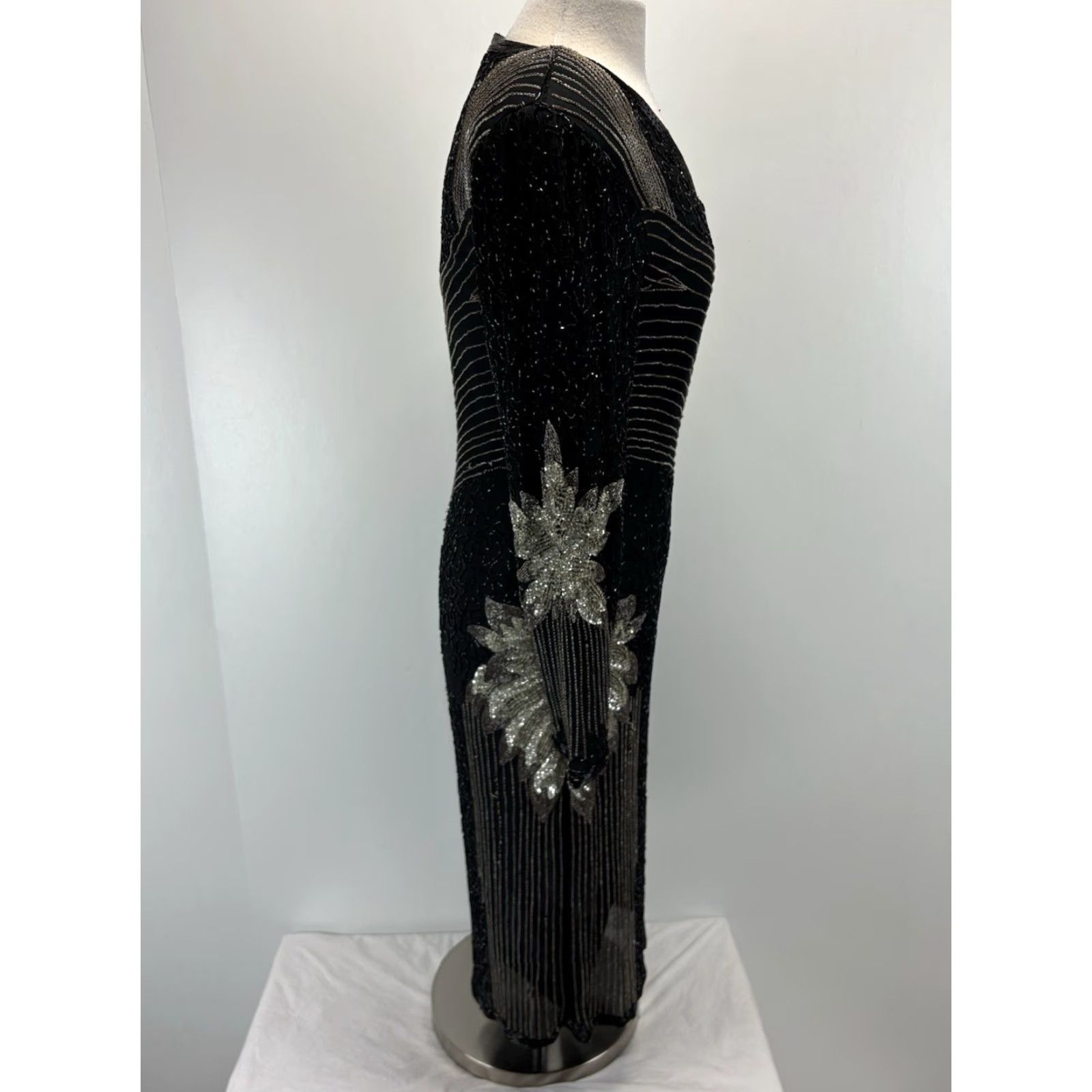 Vintage VINTAGE Mejere Beaded Midi Dress Women’s L Black Silver Elegant Formal READ 80s Silk Nightwear Eveningwear Size L / US 10 / IT 46 - 4 Thumbnail