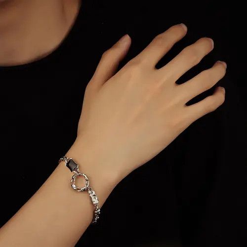 Jewelry Silver Chain Link Bracelet with Black Accent, Adjustable Size ONE SIZE - 6 Thumbnail