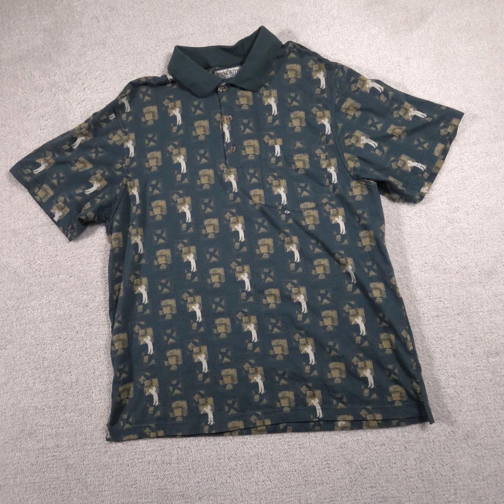 Vintage Penguin Sport Polo Shirt Mens L Green Golf Graphic Allover Pocket Cotton Shirt Size US L / EU 52-54 / 3 - 2 Thumbnail