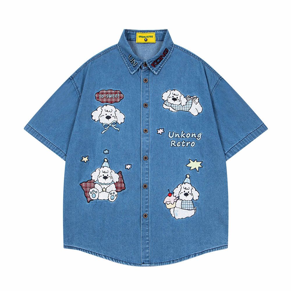 Japanese Brand × Vintage Cartoon puppy embroidered denim short-sleeved shirt Size US M / EU 48-50 / 2 - 1 Thumbnail