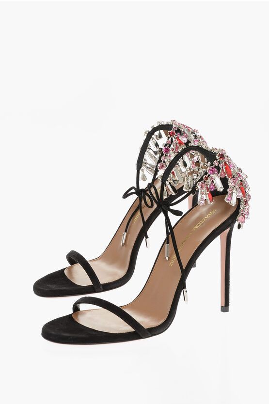image of Aquazzura Suede Moonwalk Ankle-Strap Sandals With Jewels in Black, Women's (Size 11)