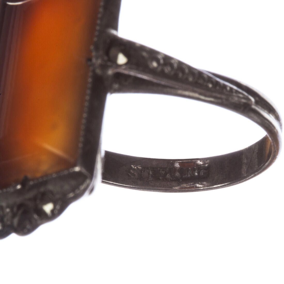 Designer Art Deco Sterling Silver Carnelian and Marcasite Ring Size ONE SIZE - 6 Thumbnail