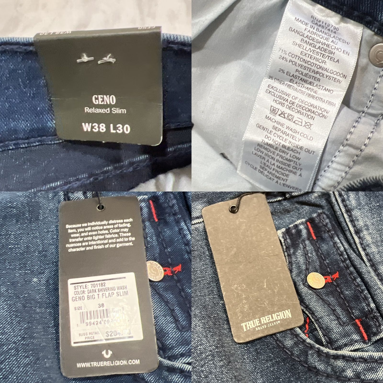 True Religion True Religion Geno Big T Flap Relax Slim Jeans Men 38 Dark Shivering Wash 701182 NWT Size ONE SIZE - 9 Thumbnail