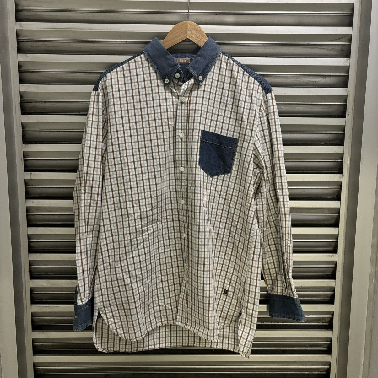 Designer John Galliano Check Shirt with Denim Details – Made in Italy Size US L / EU 52-54 / 3 - 1 Thumbnail
