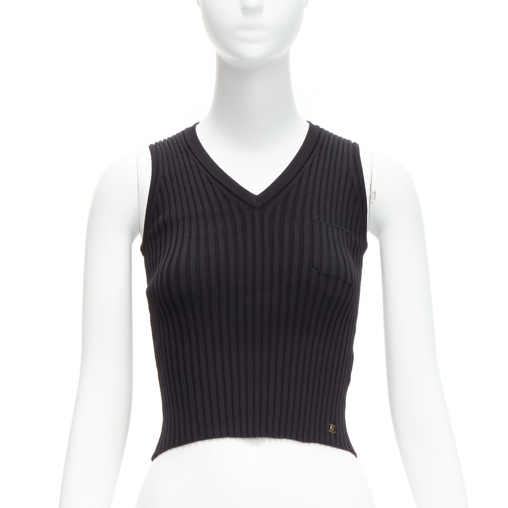 Chanel CHANEL 01A gold CC logo charm black ribbed V neck cropped vest top FR38 M Size M / US 6-8 / IT 42-44 - 1 Thumbnail