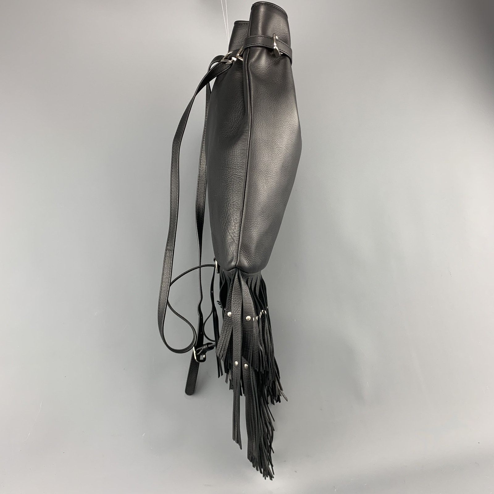 Roberto Cavalli ROBERTO CAVALLI Black Leather Studded Fring Bucket Backpack Size ONE SIZE - 3 Thumbnail