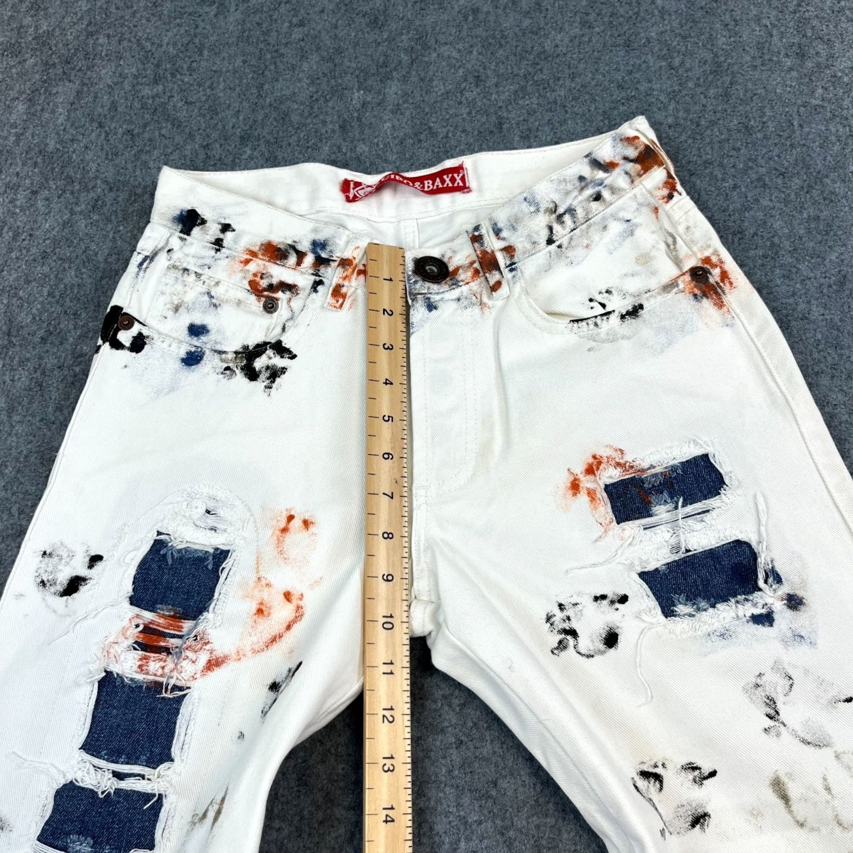 Vintage Cipo & Baxx Jeans Straight 31 32 Distressed Patchwork White Paint Design Mens 5-Pocket Denim Cotton Shirt? Size US 31 - 6 Thumbnail