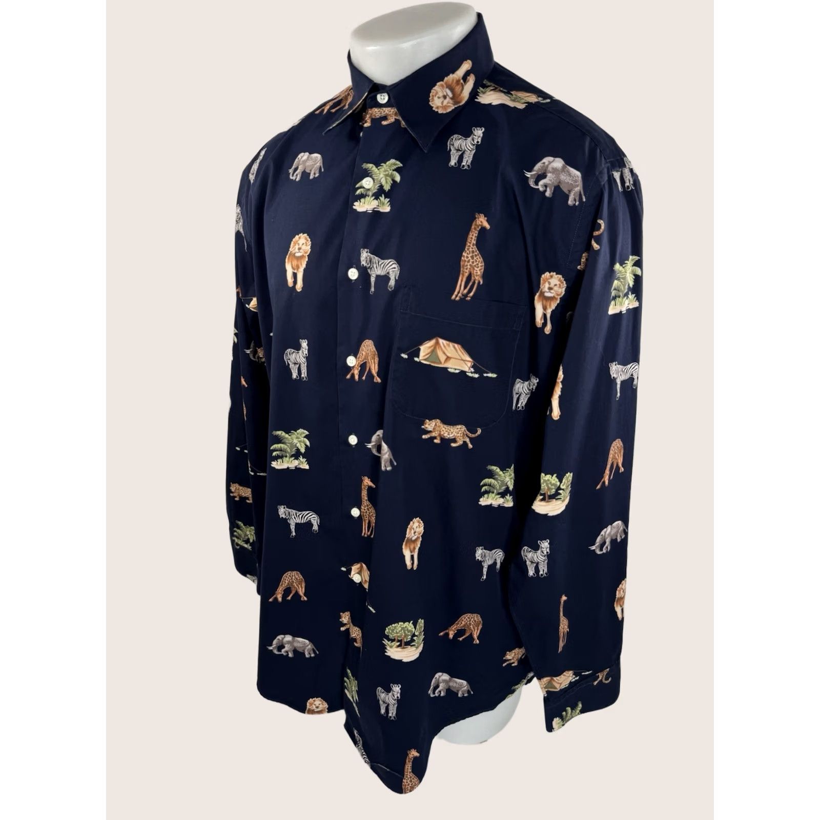 Vintage MAUS & HOFFMAN Safari Jungle Tent Lion Elephant Zebra Giraffe L Shirt EXC - Button-Up, Long Sleeve, Blue, Size L, Men, Zebra Theme Size US L / EU 52-54 / 3 - 1 Thumbnail